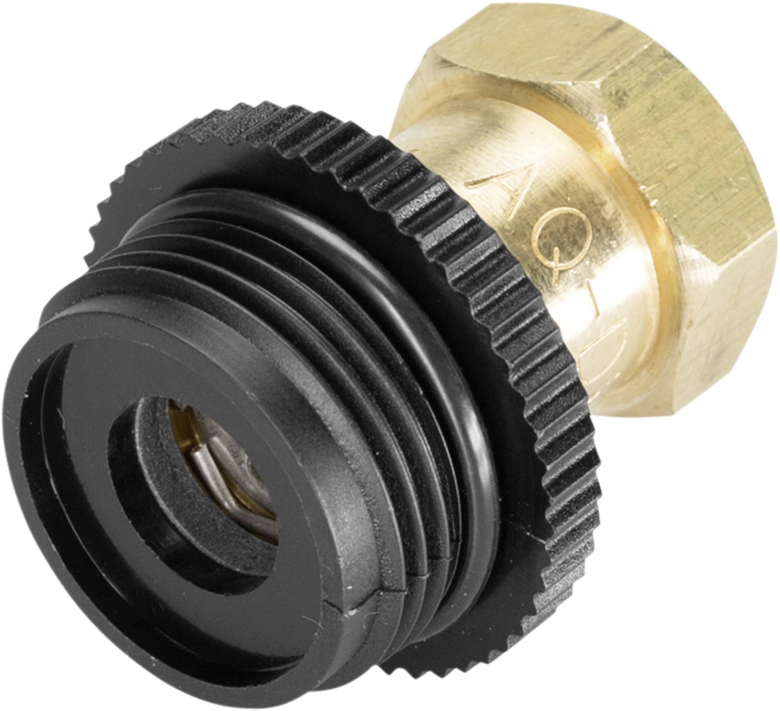 'Tap Adapter': Brass connection and ribbed plastic thread. Connects different hose sizes.