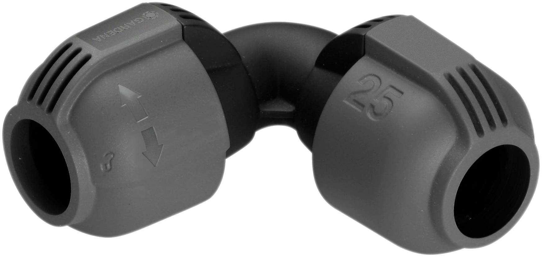 Plastic pipe connection with an angle, two openings, and a curved centre. Arrow markings and the number 25 are visible.