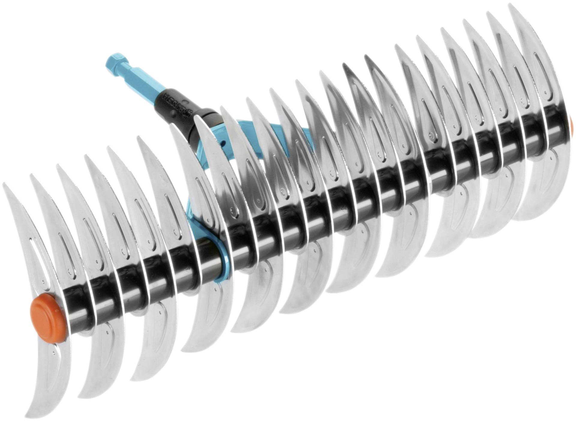Lawn rake with a handle comprising multiple curved metal tines, ideal for removing moss and lawn thatch.