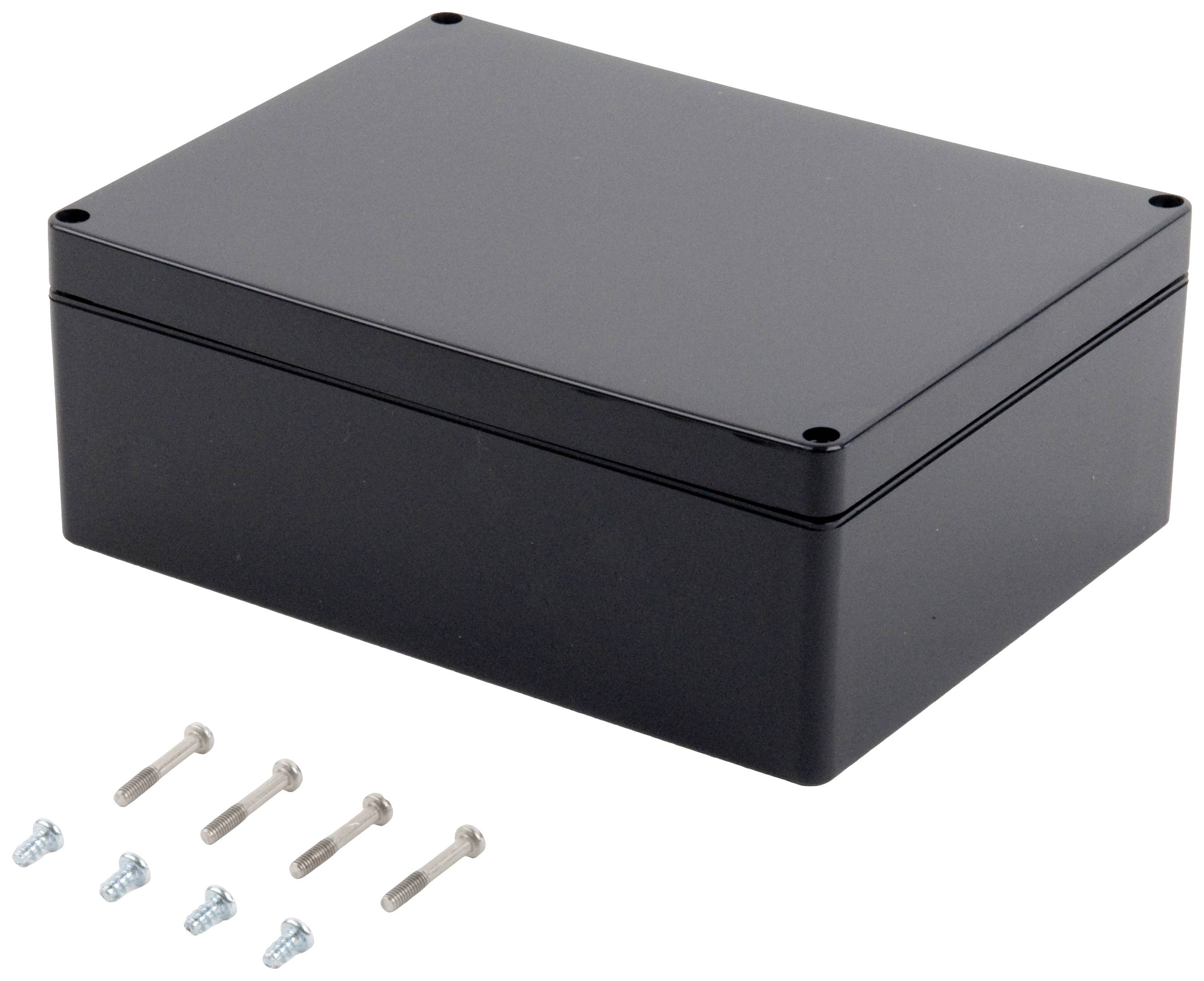 Black rectangular housing with rounded corners, with six screws beside it.