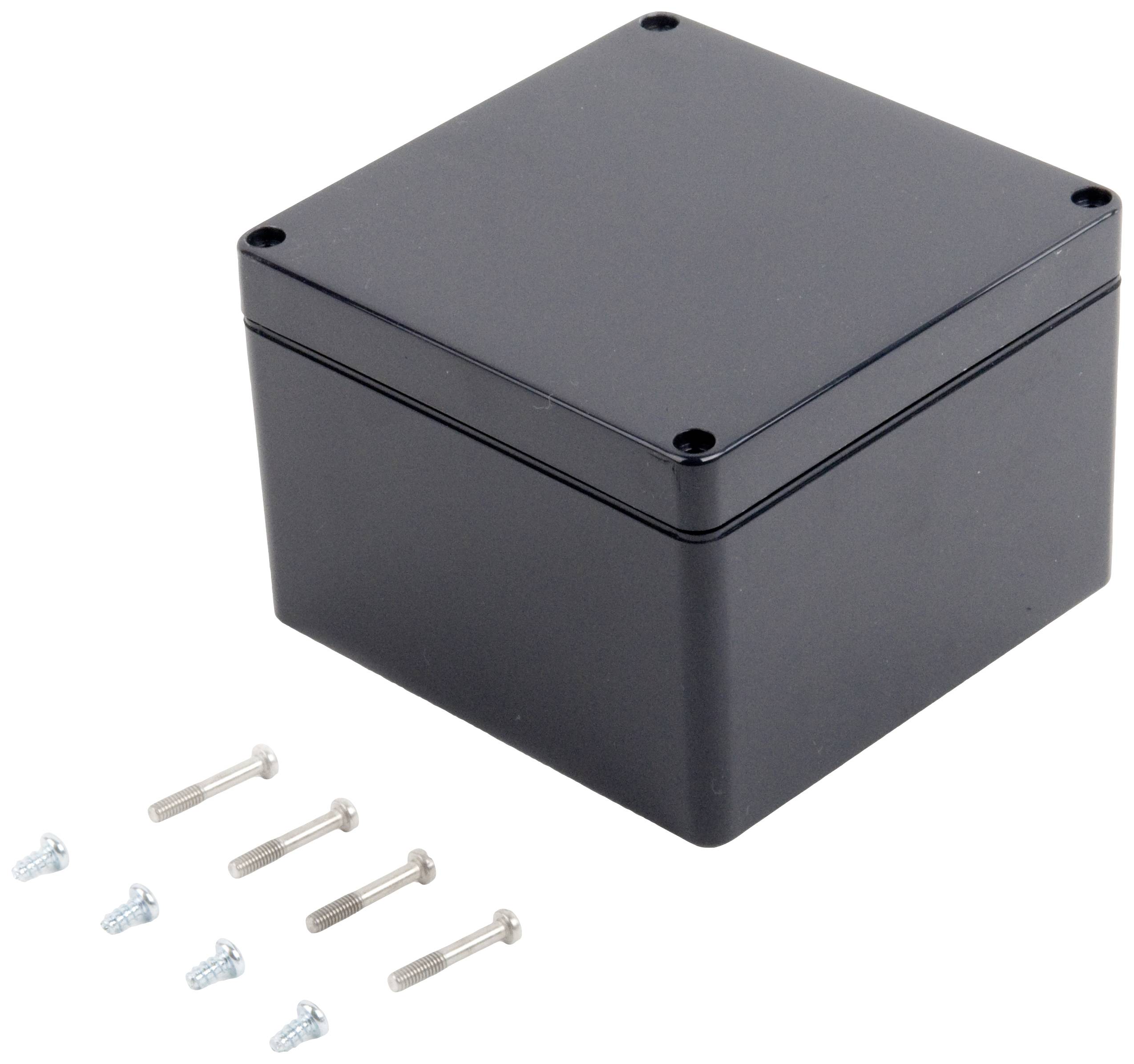 Black square plastic enclosure with five adjacent screws; commonly used for housing electronic components.