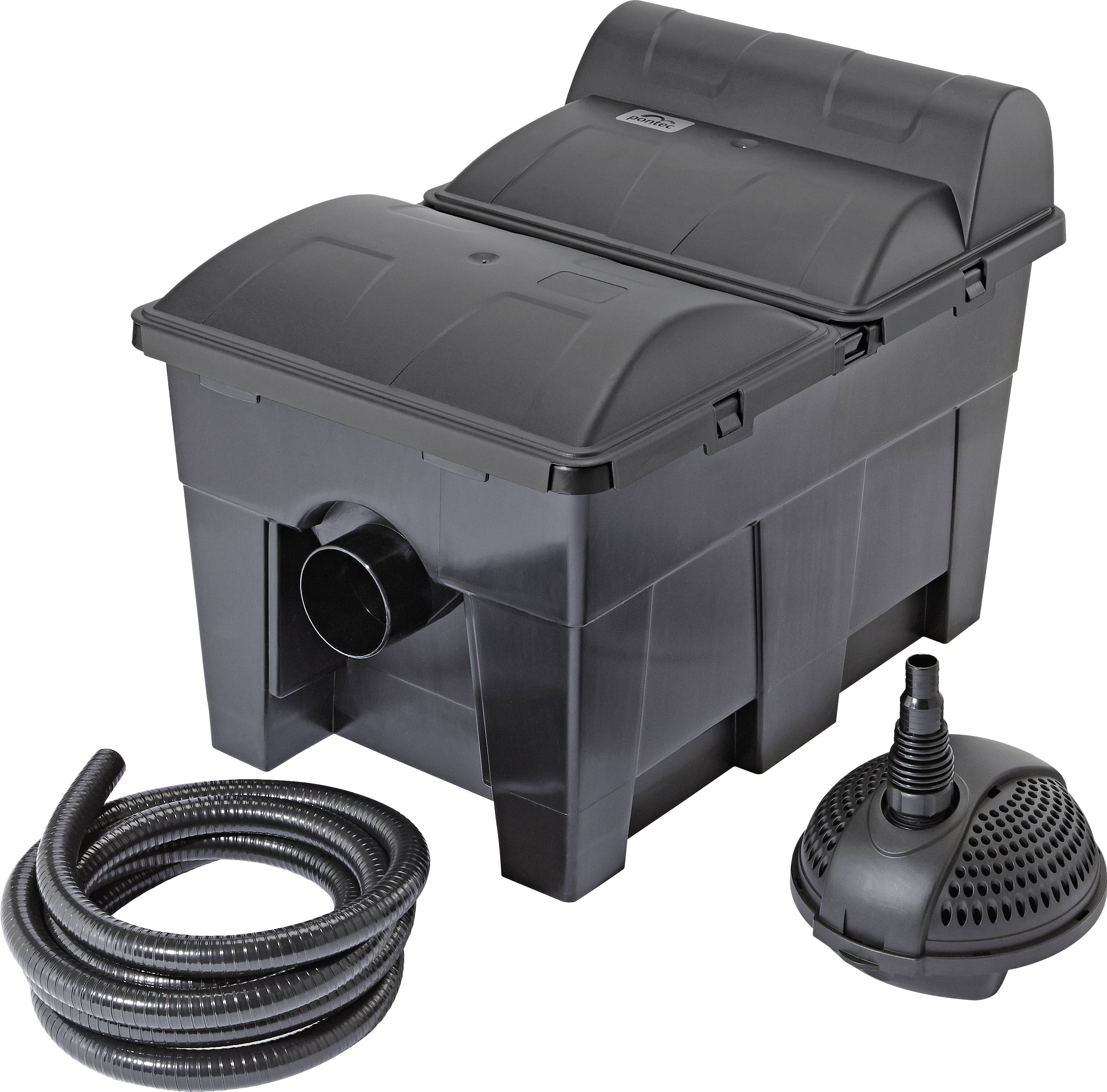 A black pond filter system with a large container, coiled hose, and a pump. Suitable for garden ponds to maintain water clarity.