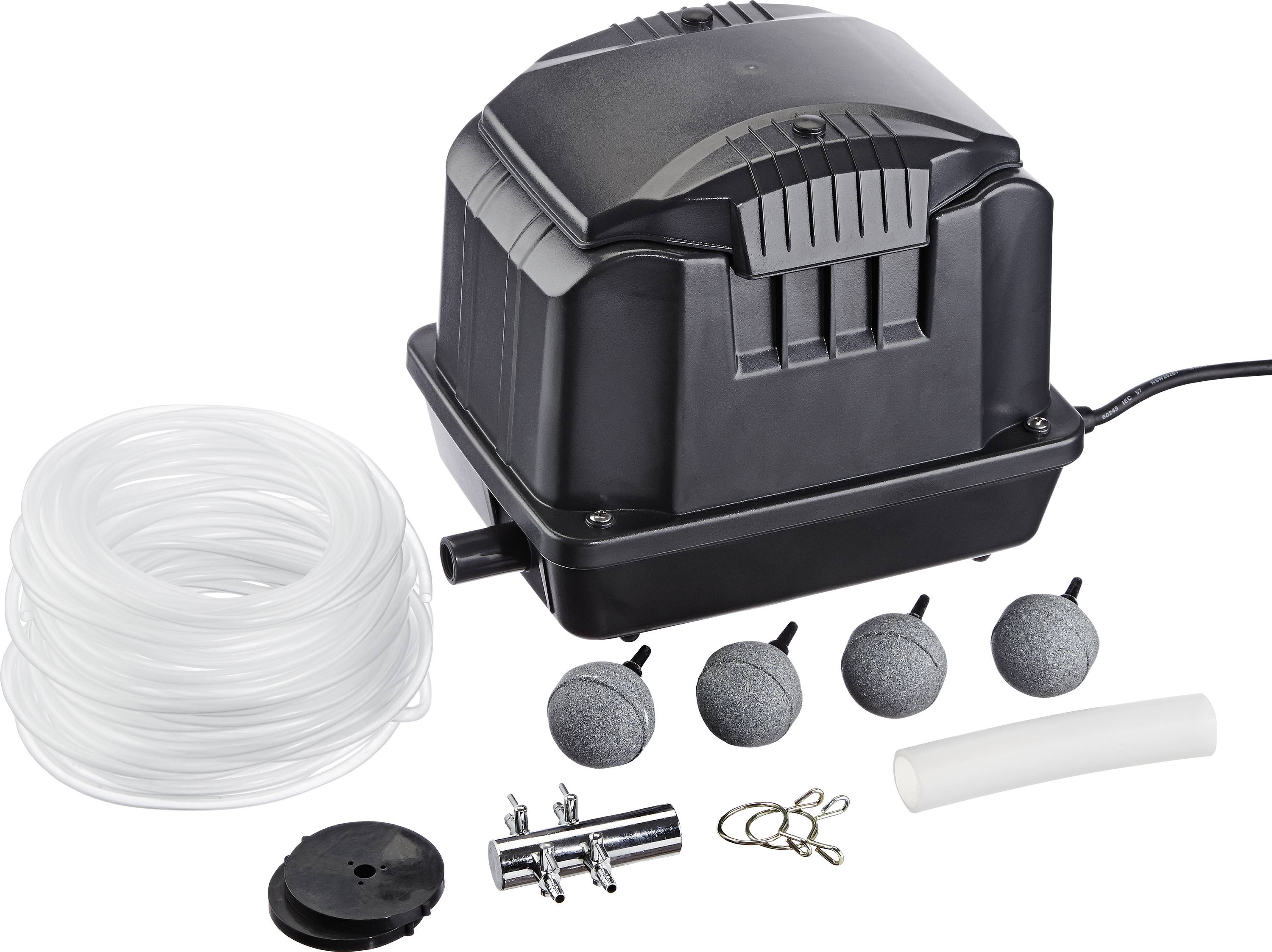 Kit for aquariums including a black air pump, clear tubing, four air stones, connectors, and clips for aquatic installation support.