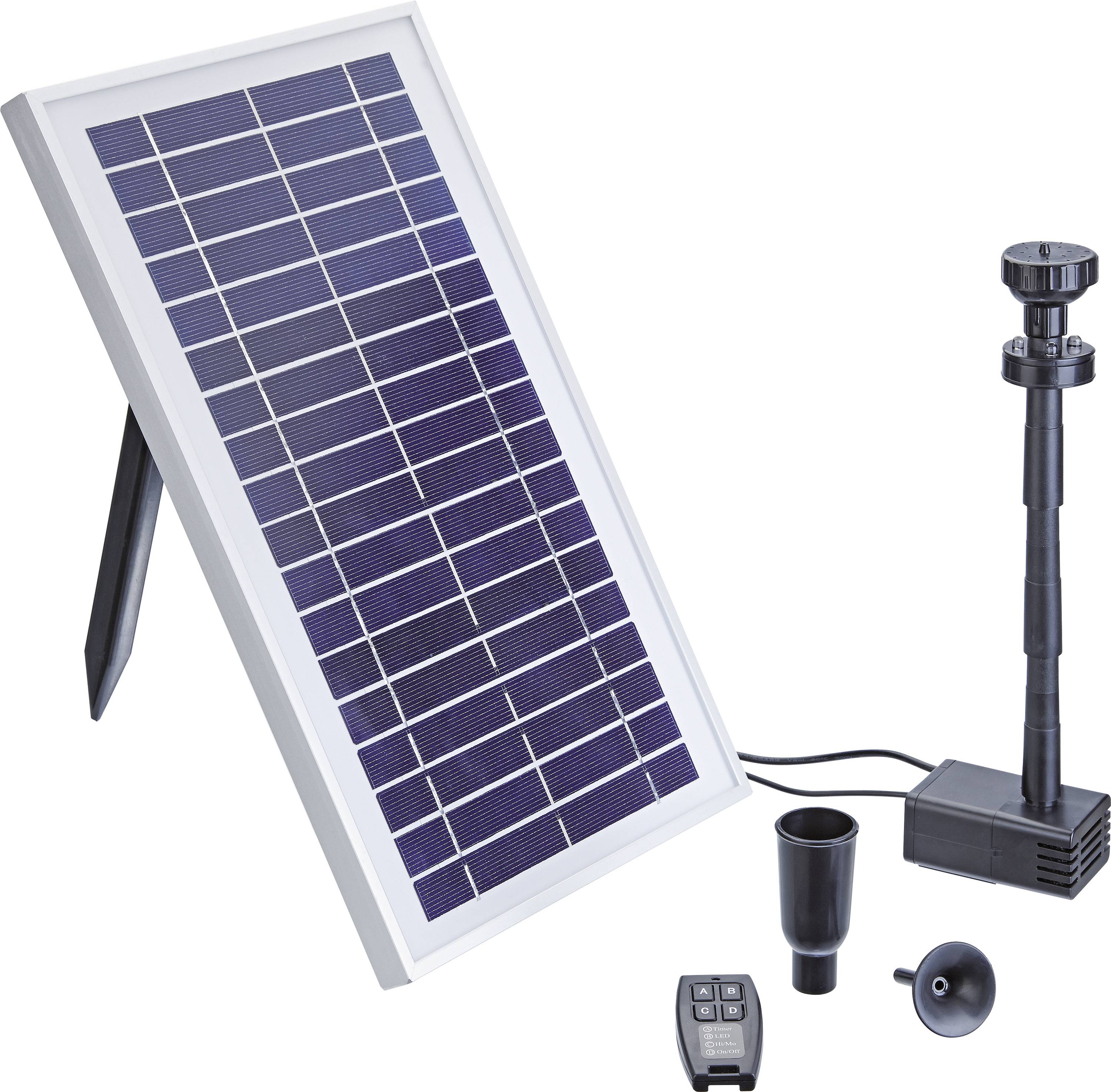 A solar-powered water pump kit includes a solar panel, pump, and fountain heads, designed for outdoor water features and garden use.