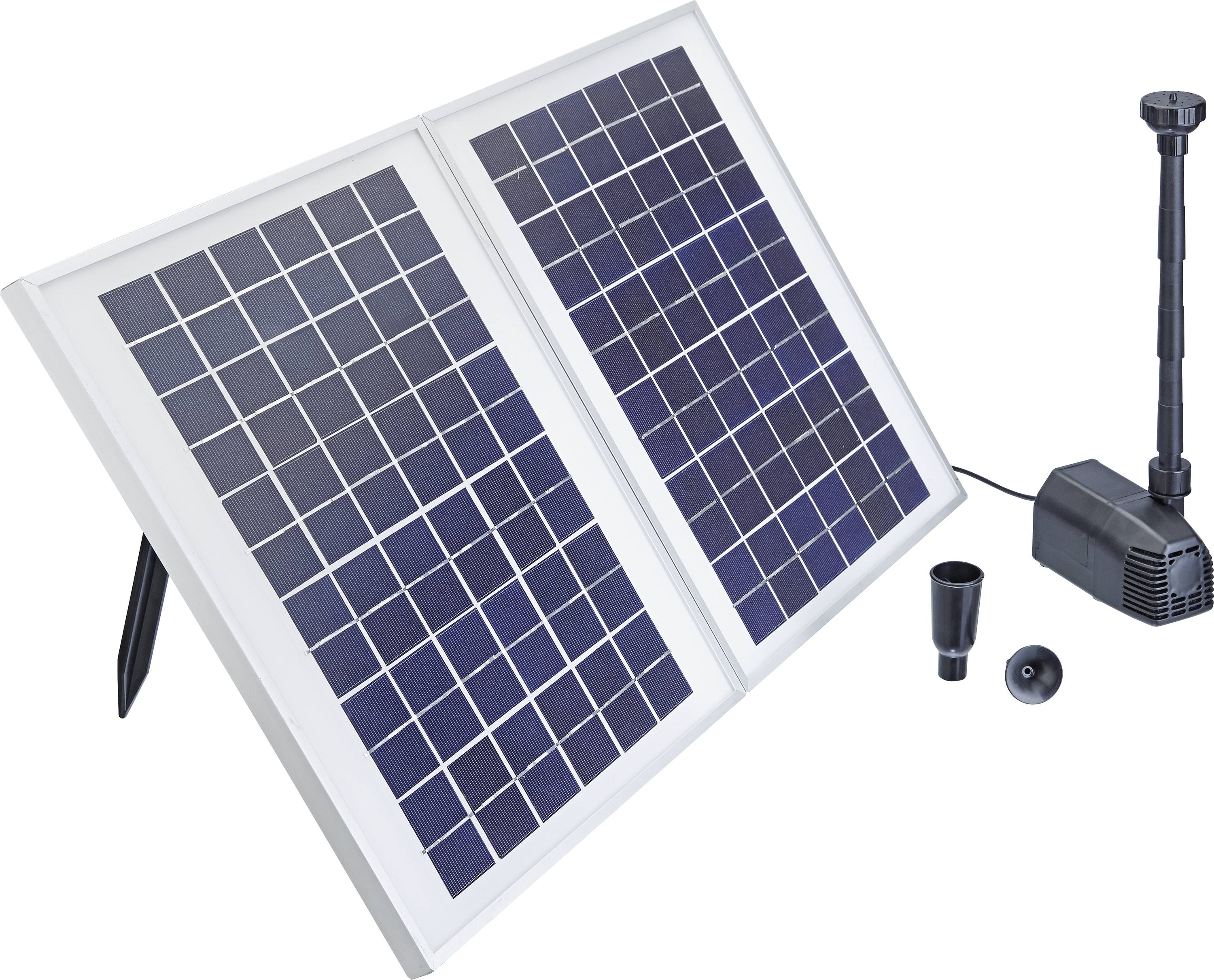 A solar panel kit includes two panels, a pump, and a nozzle, designed for efficient power supply and easy installation in gardens.