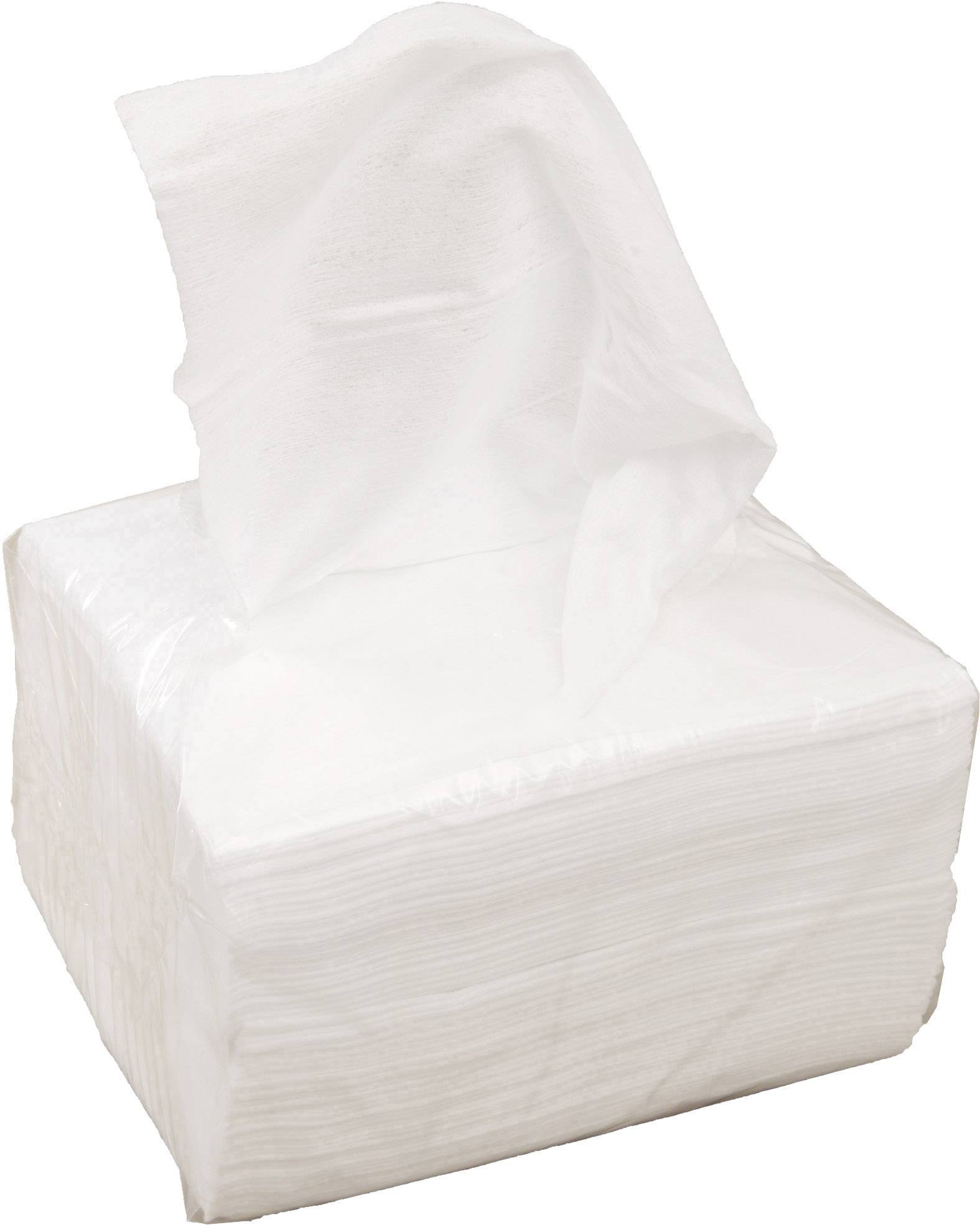 A stack of white, unprinted serviettes in packaging, with one serviette protruding.