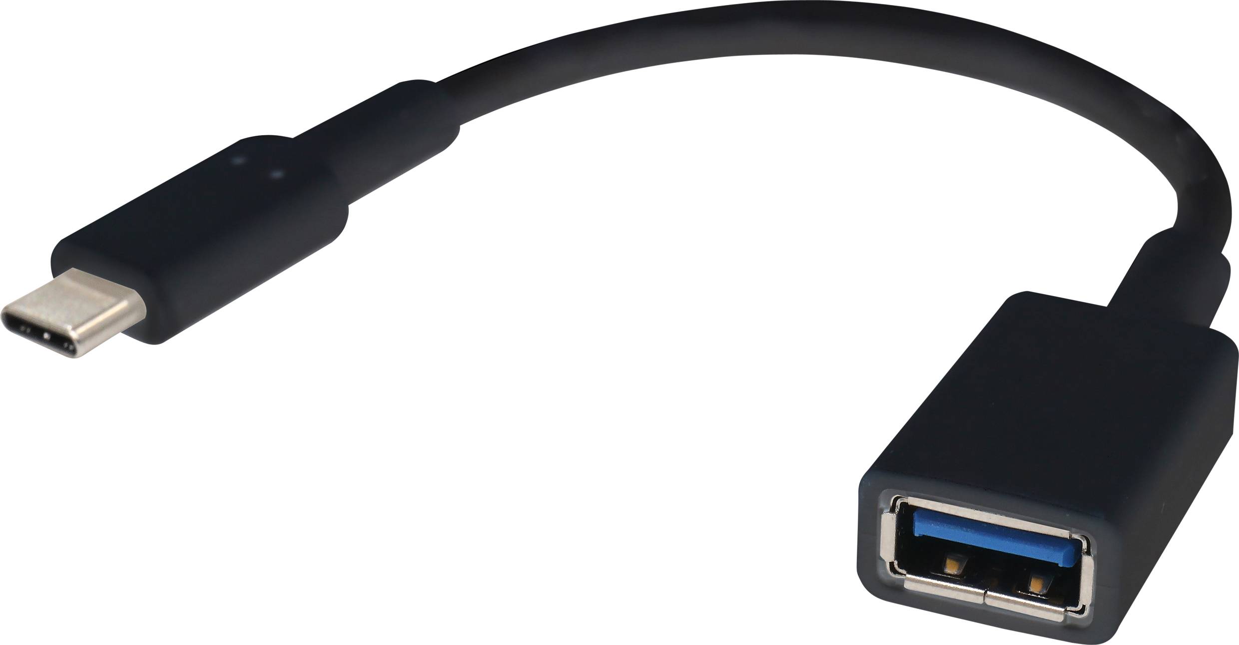 A black USB-C to USB-A adapter cable, used for connecting devices with different USB ports.