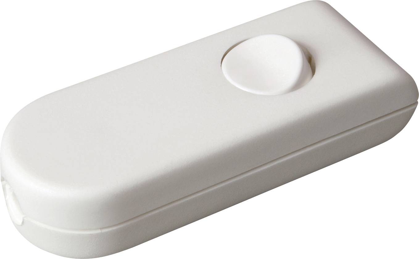 A white, rectangular remote control switch with a large, central round button, used for controlling electronic devices.