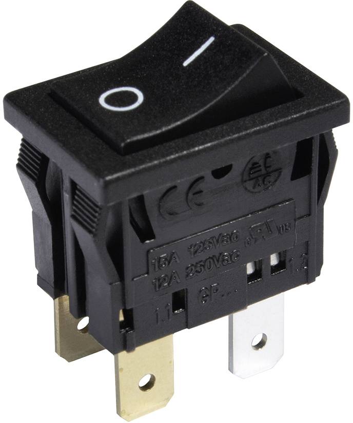 A black rocker switch with I/O symbols for On/Off, displaying electrical specifications on the side.