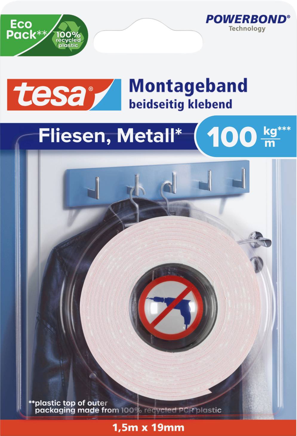 A pack of double-sided mounting tape by Tesa, suitable for tiles and metal, can hold up to 100 kg/m.