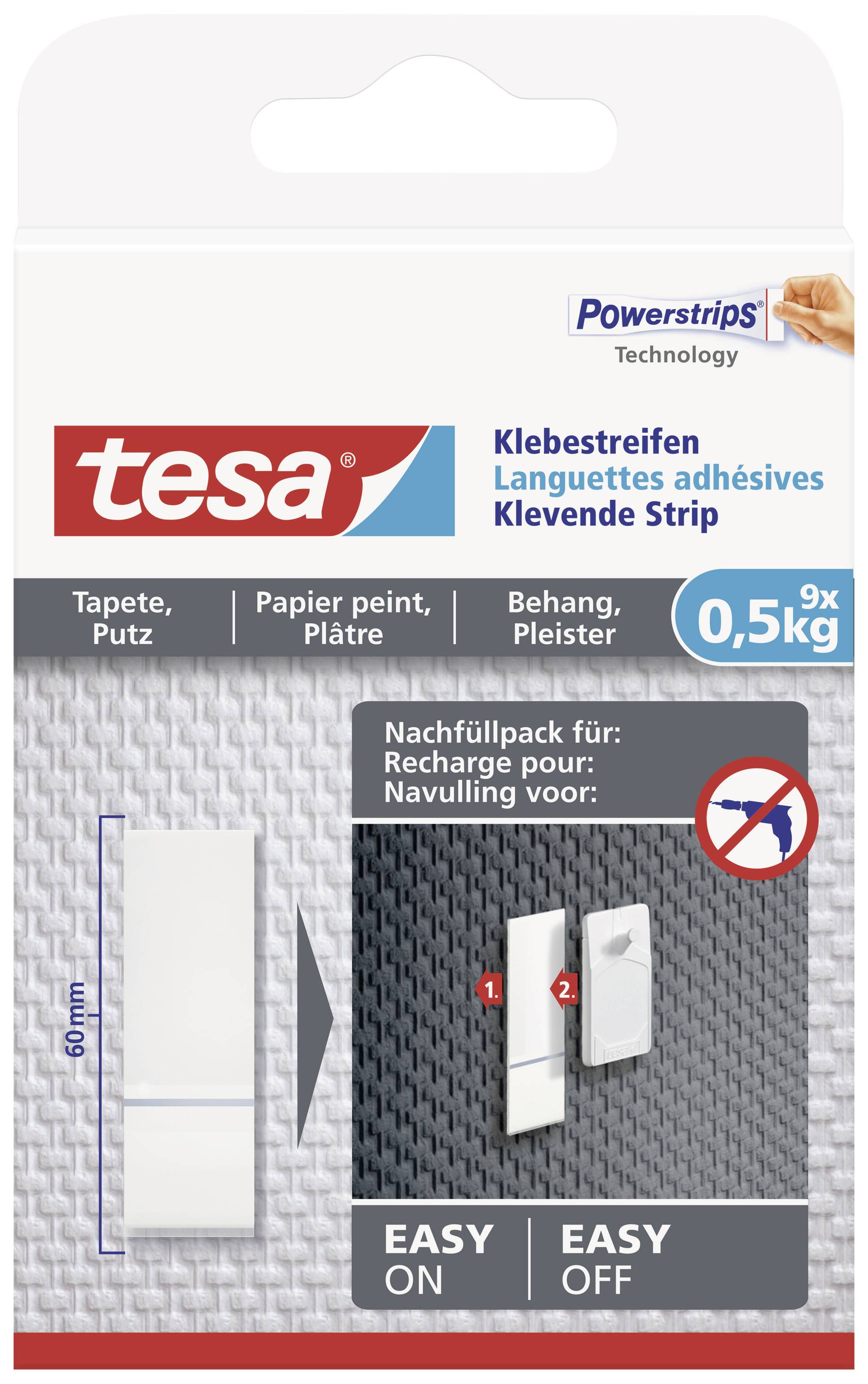 Packaging for Tesa adhesive strips with Powerstrips technology, suitable for wallpaper and plaster, holds up to 0.5 kg. Contains 9 strips.