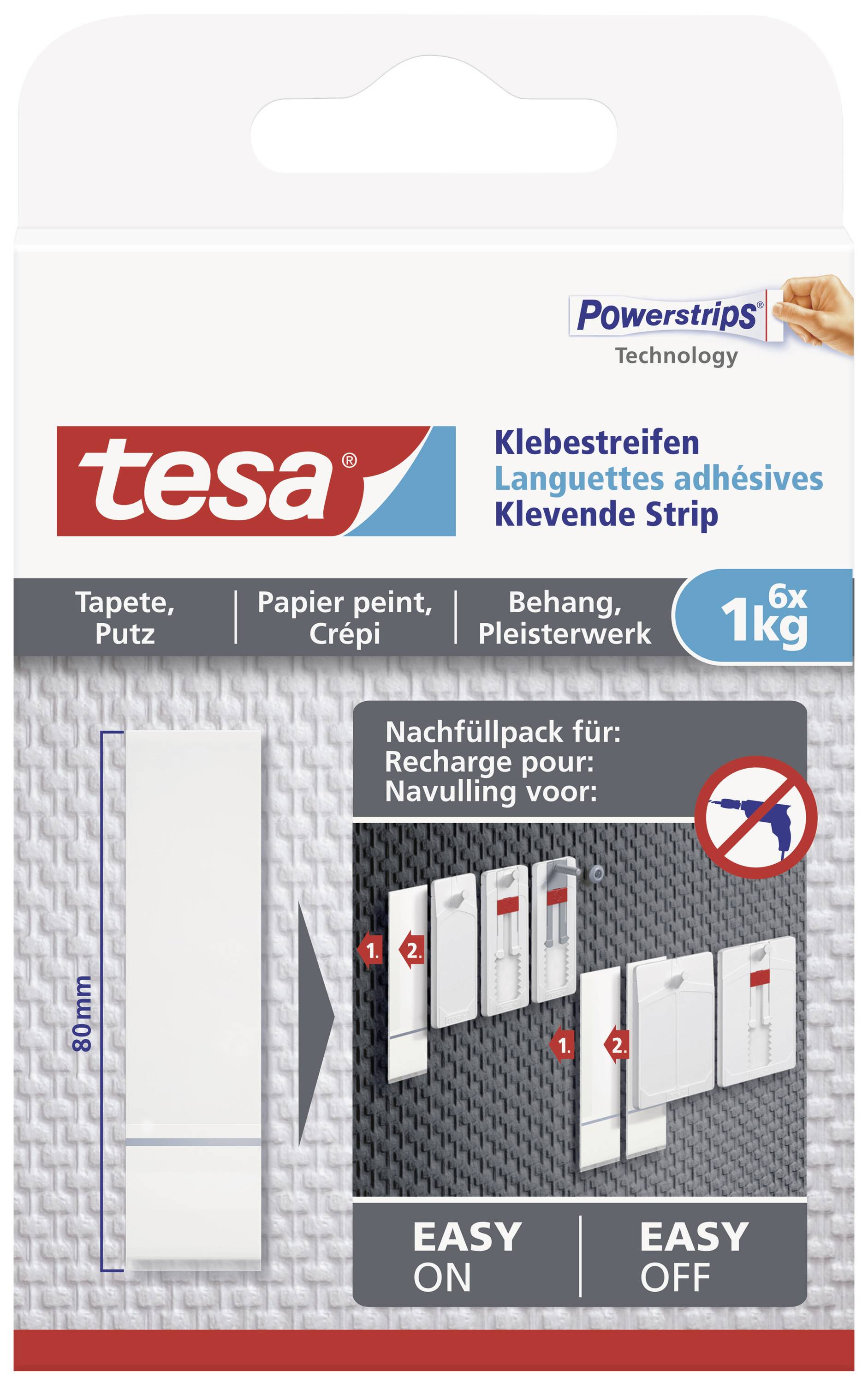 Packaging for tesa adhesive strips for wallpaper and plaster. Shows application steps for easy mounting and removal. Load-bearing up to 1 kg.