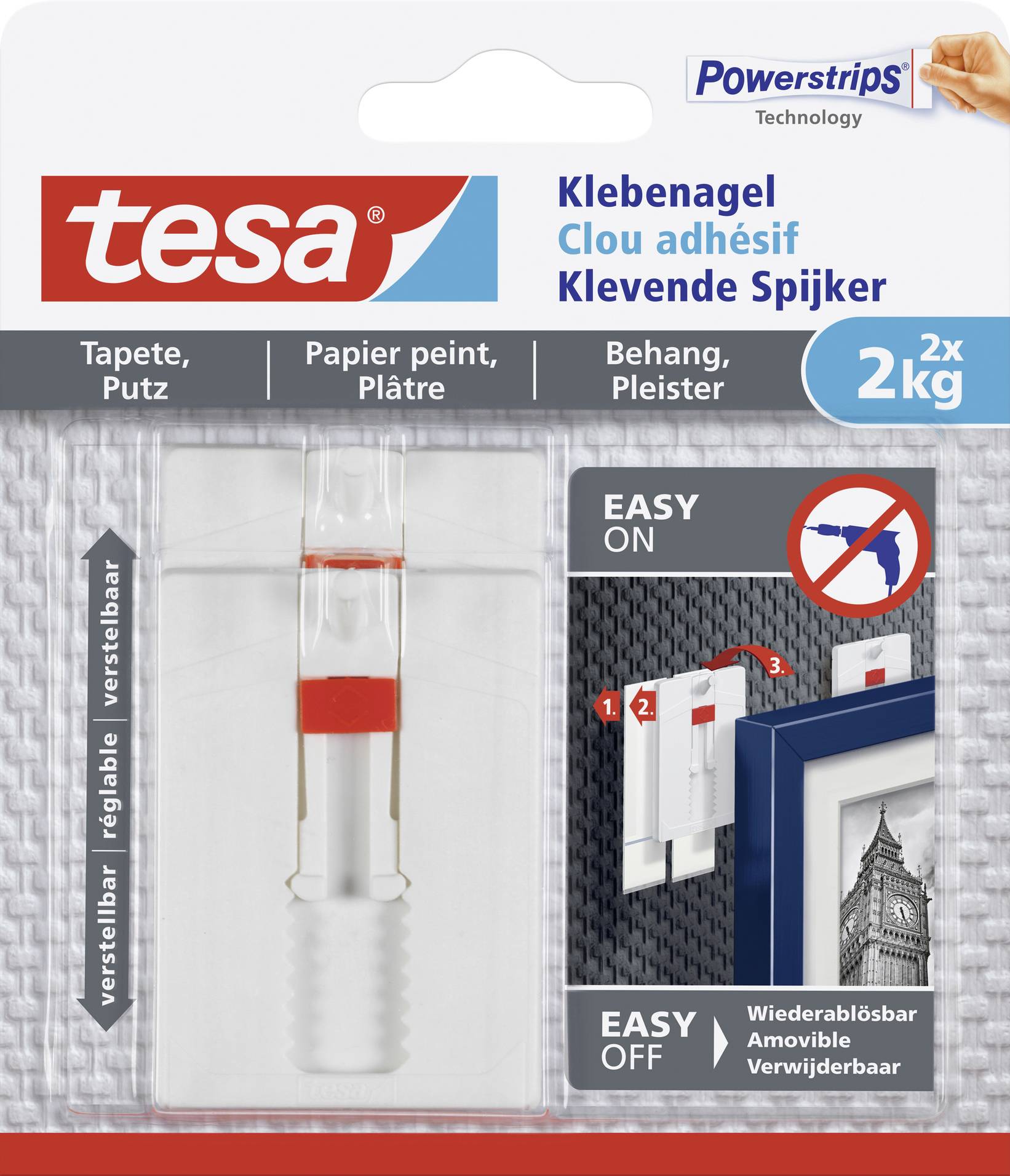 Packaging for tesa adhesive nails, suitable for wallpaper and plaster, with a load capacity of 2x2 kg. Includes instructions for easy application and removal.