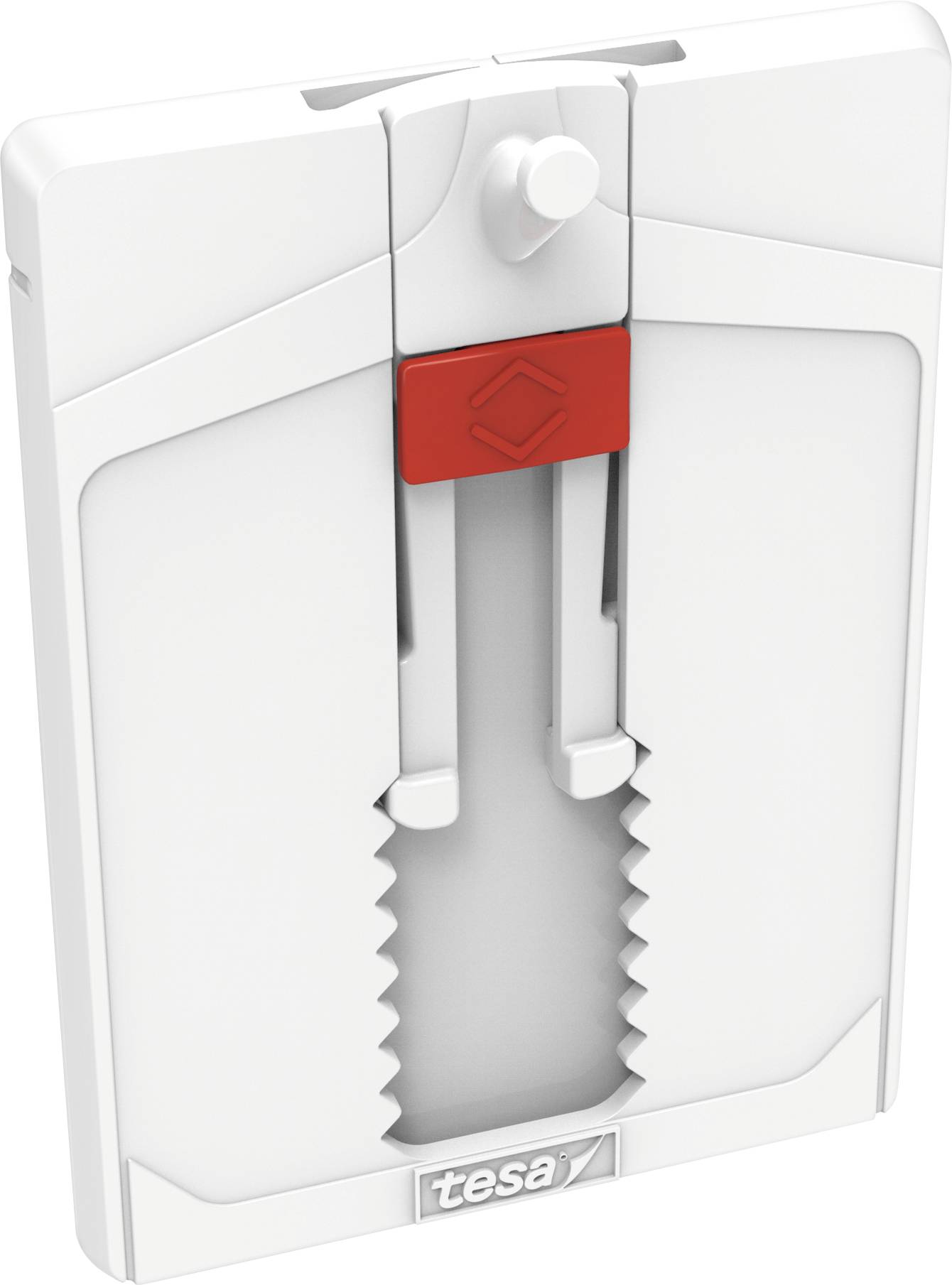 White, rectangular wall mount from tesa with red locking mechanism for attachment.