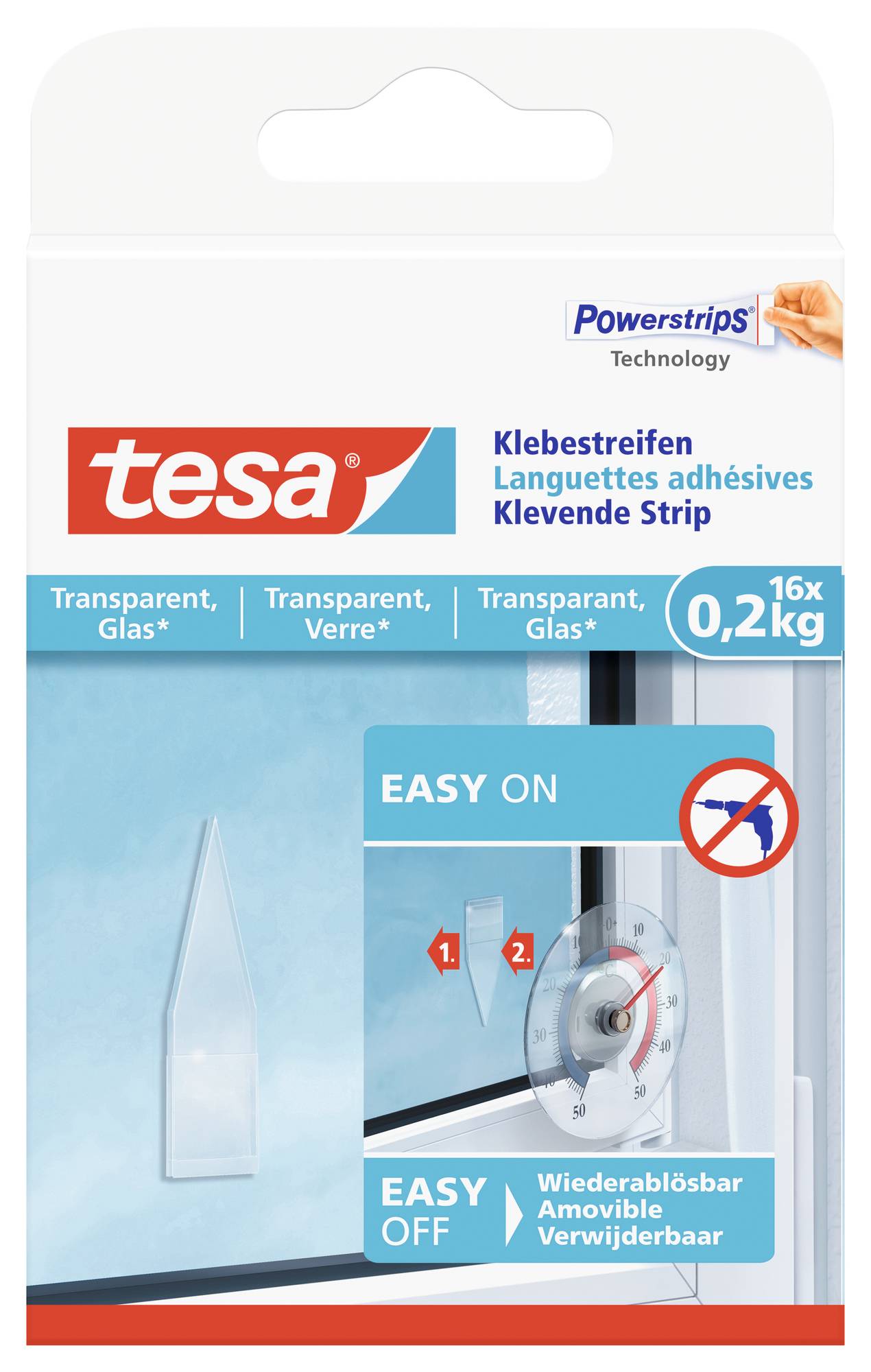 tesa glass adhesive strips with Powerstrips technology. Holds up to 0.2 kg. Removable, easy to apply and remove.