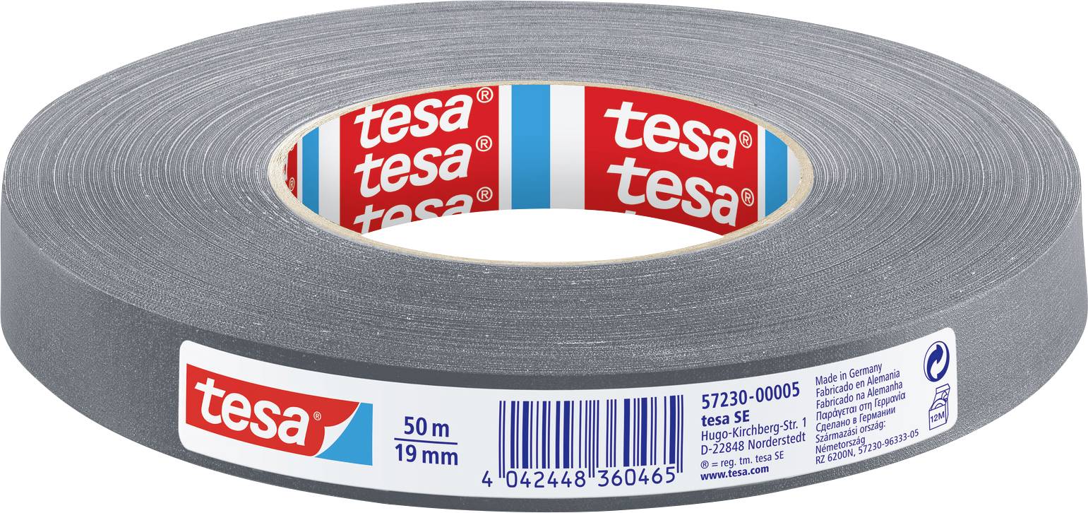 A roll of gray adhesive tape with 'tesa' branding, 50 meters long and 19mm wide, featuring a barcode and product details on the packaging.