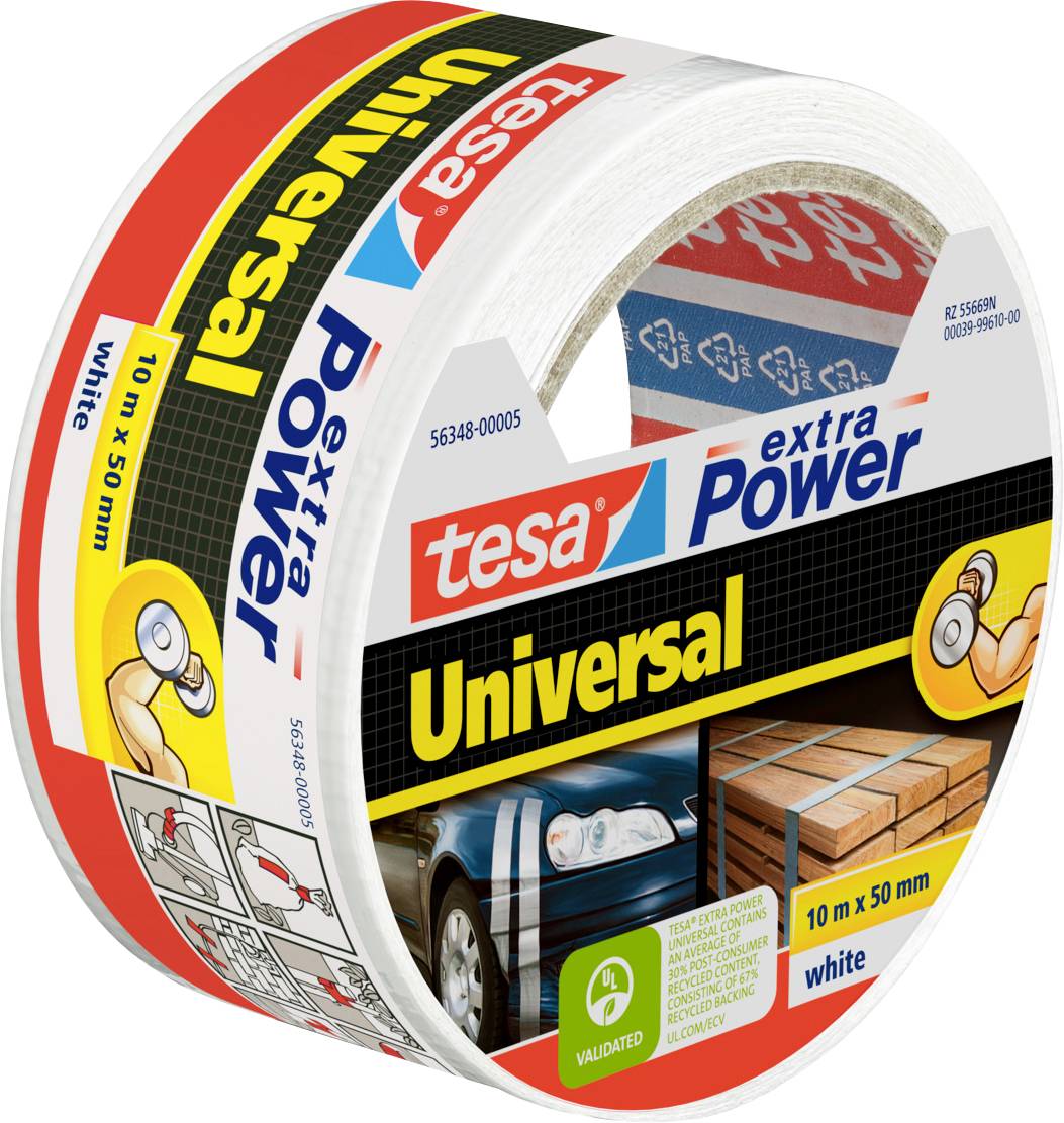 A roll of 'tesa extra Power Universal' tape, 10m x 50mm, shown sealing a box and fixing a car light. Packaging is mostly red and yellow.
