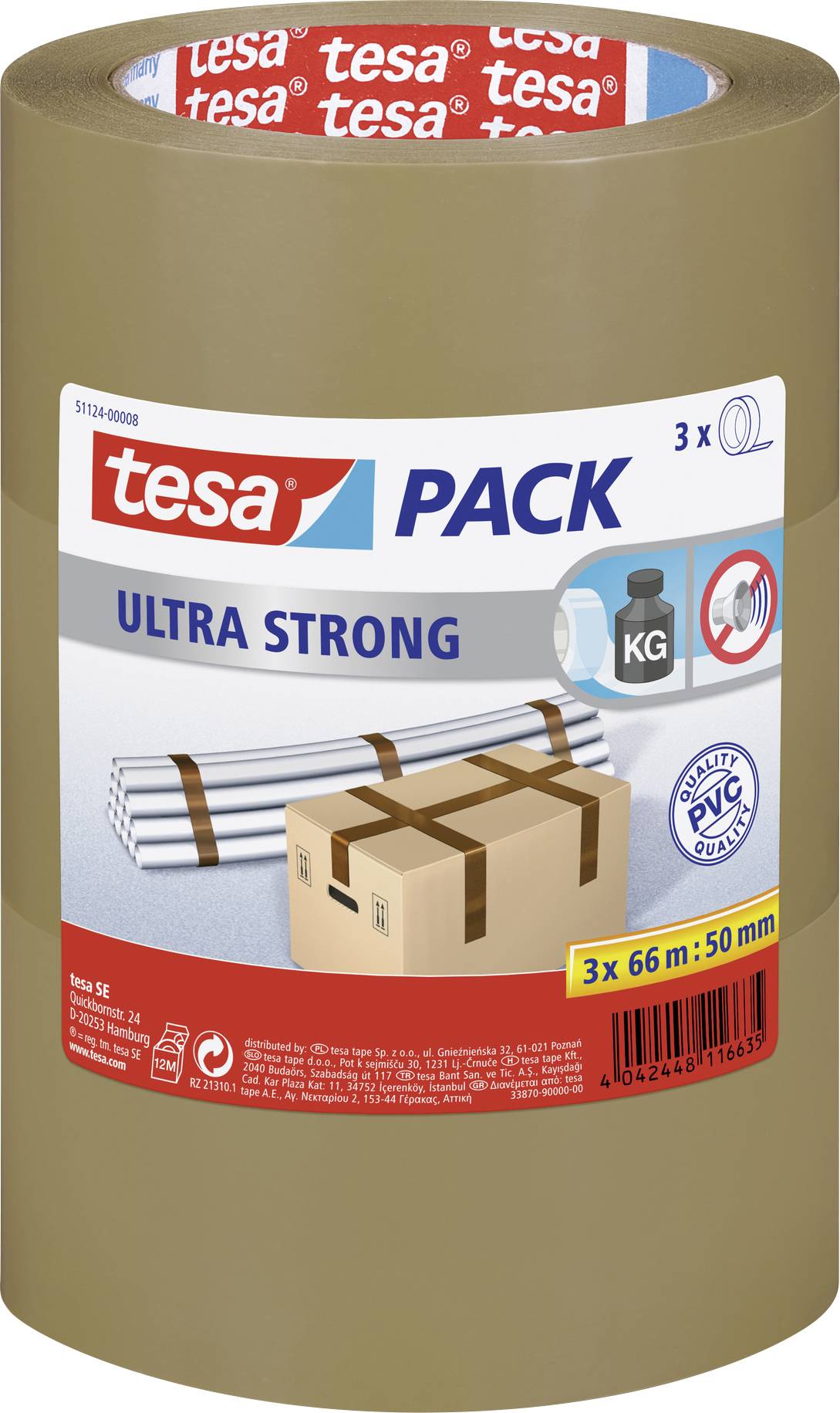 Packaging Tape 'tesa ultra strong', 3 rolls, 66m x 50mm. Suitable for heavy cardboard boxes. PVC-free with solvent-free adhesive.