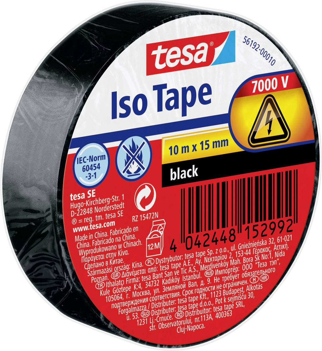 A roll of tesa branded black electrical insulation tape, labeled with '7000 V', 10 m x 15 mm dimensions, and safety information.