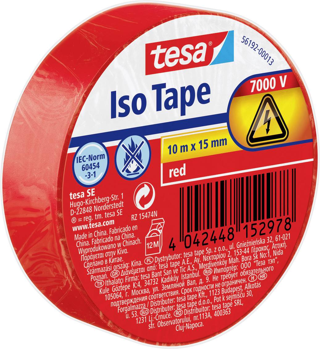 Red roll of Tesa Iso Tape, 7000 V, labeled '10 m x 15 mm', 'red', showing electrical warning symbol and various specifications.