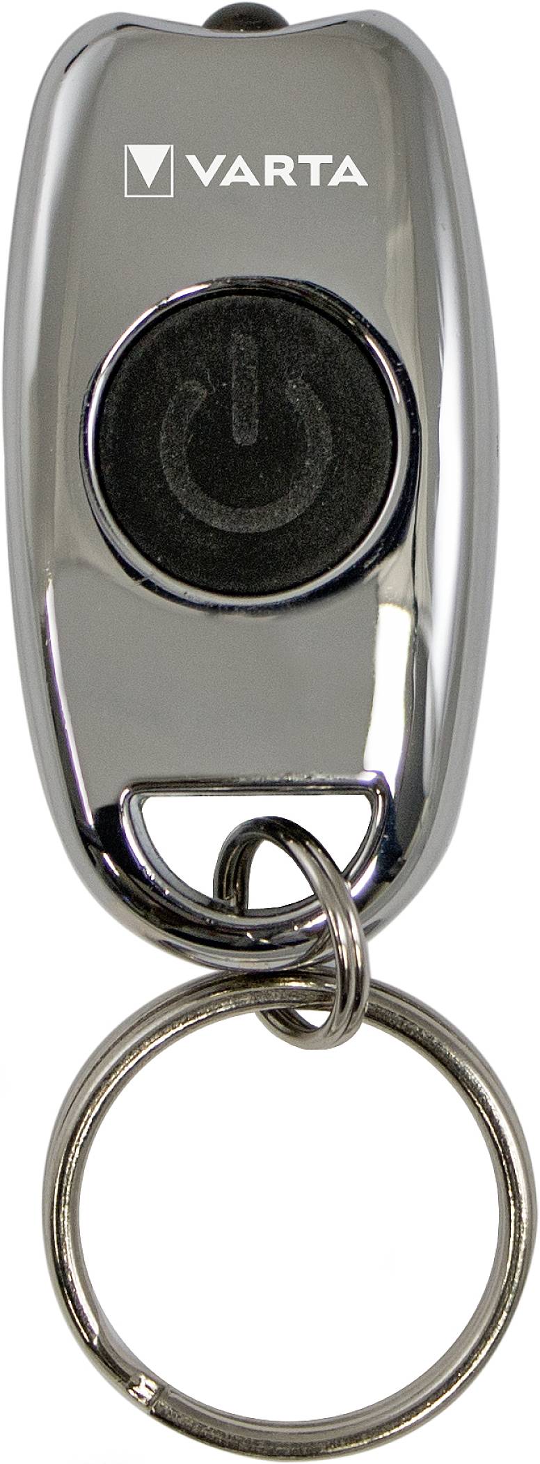 Silver-coloured keyring torch with a black push button and Varta logo on top, perfect for bags.