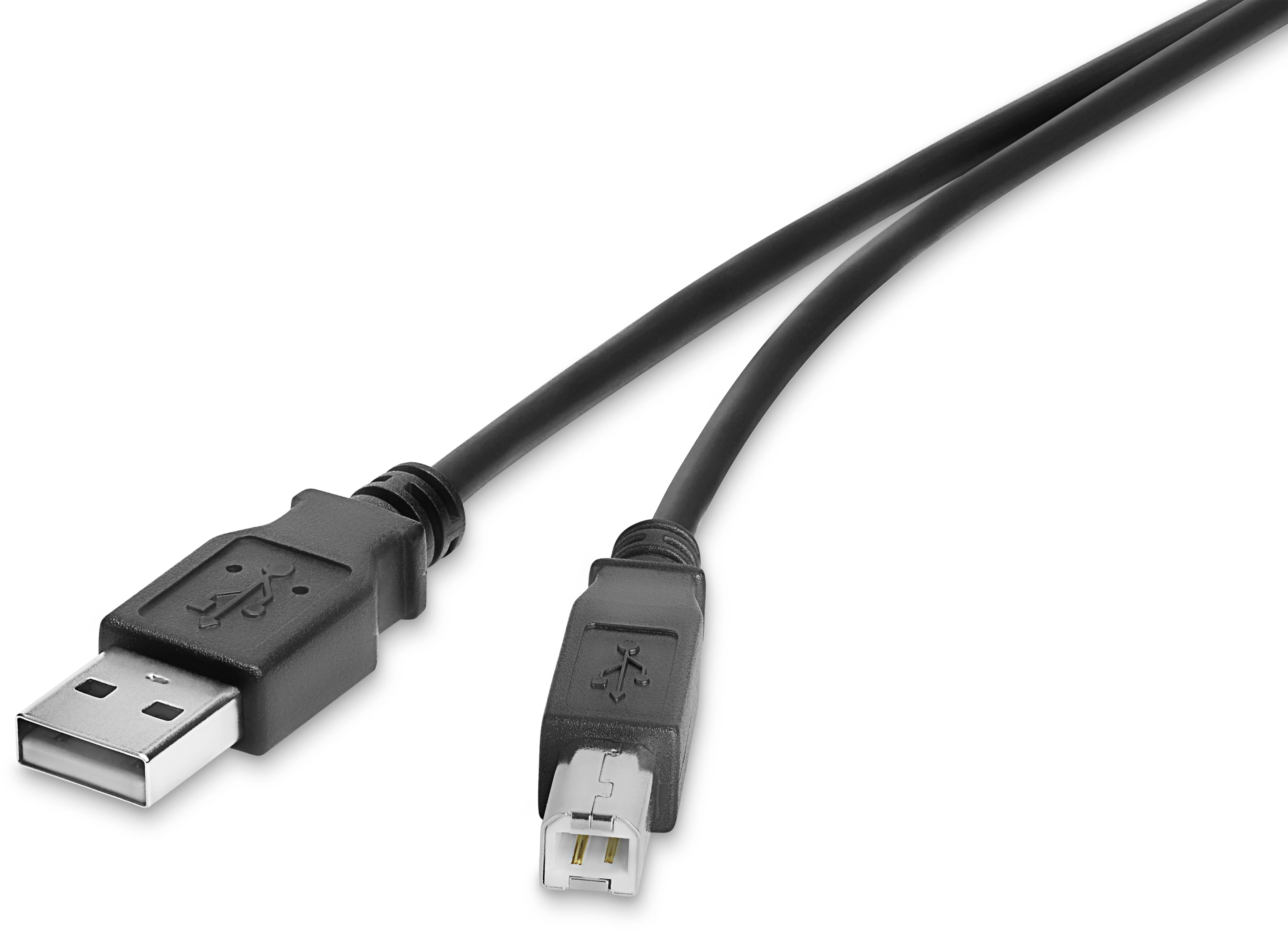 A black USB cable with a standard USB plug and a smaller plug at the ends, suitable for data transfer.