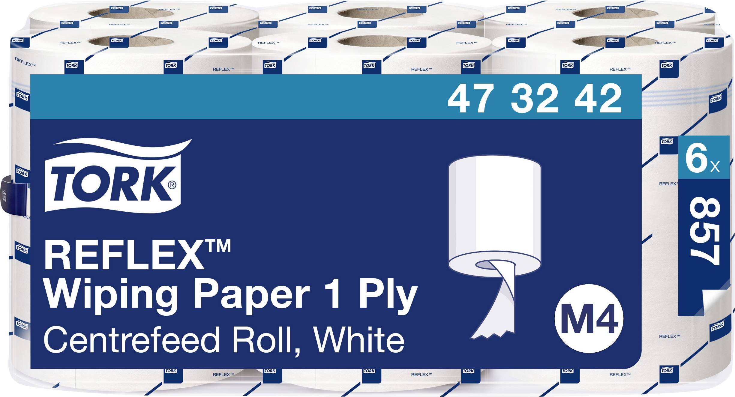 Pack of white, single-ply paper rolls by Tork, Reflex model, Centrefeed Roll type. Contains 6 paper rolls.