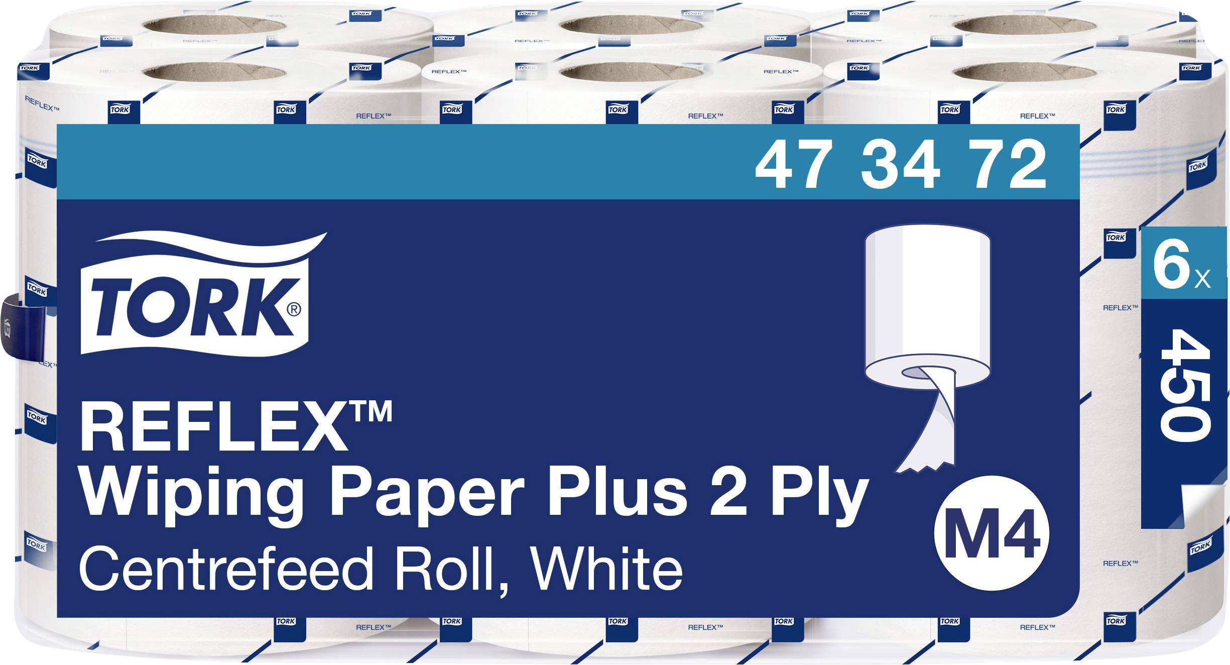 A pack of Tork Reflex Plus Wiping Paper, 2-ply, M4, white, with 450 sheets per roll and 6 rolls per pack.
