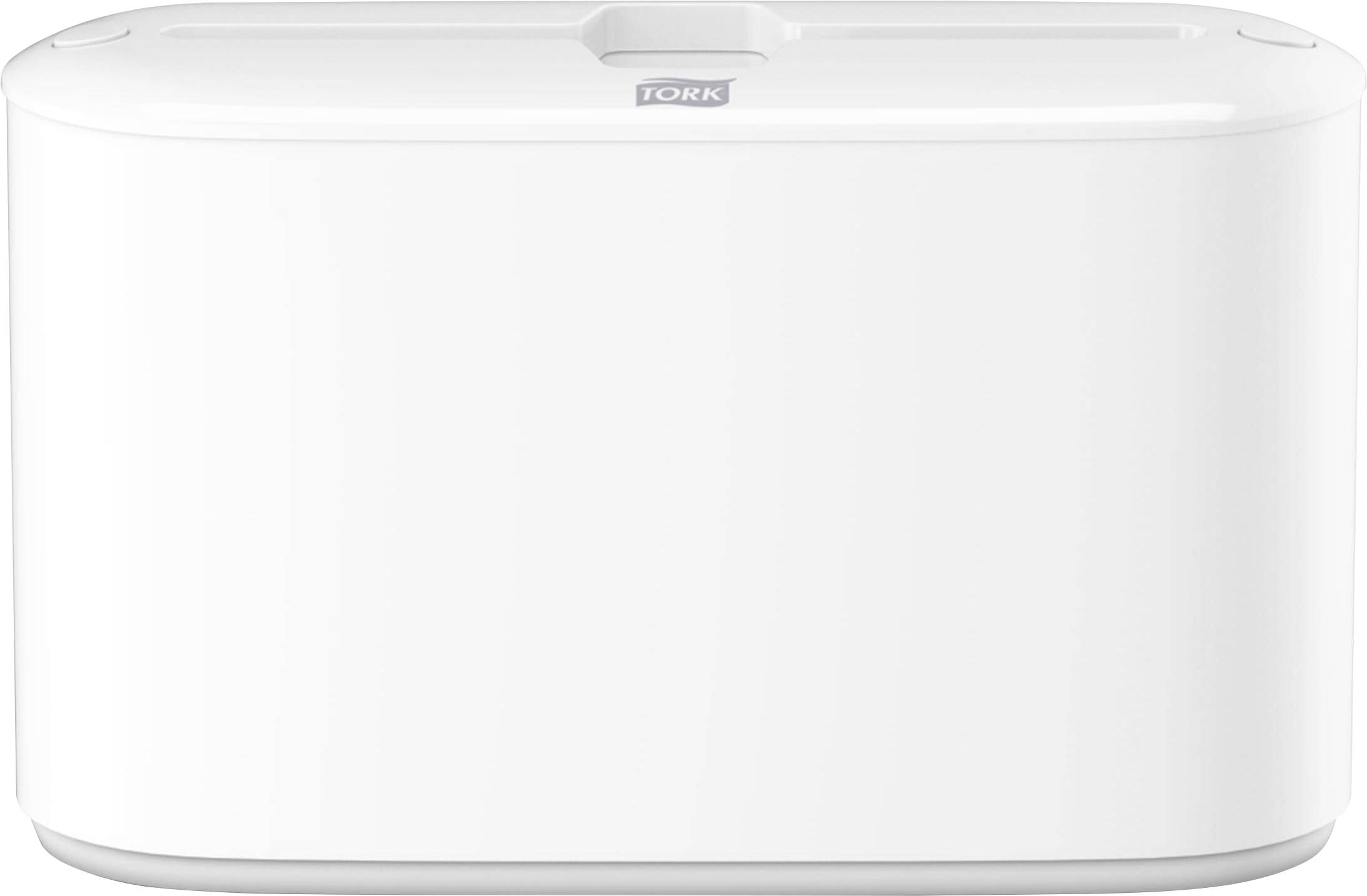 White wall-mounted Tork dispenser with a rounded rectangular cover, shown front view on a plain background.