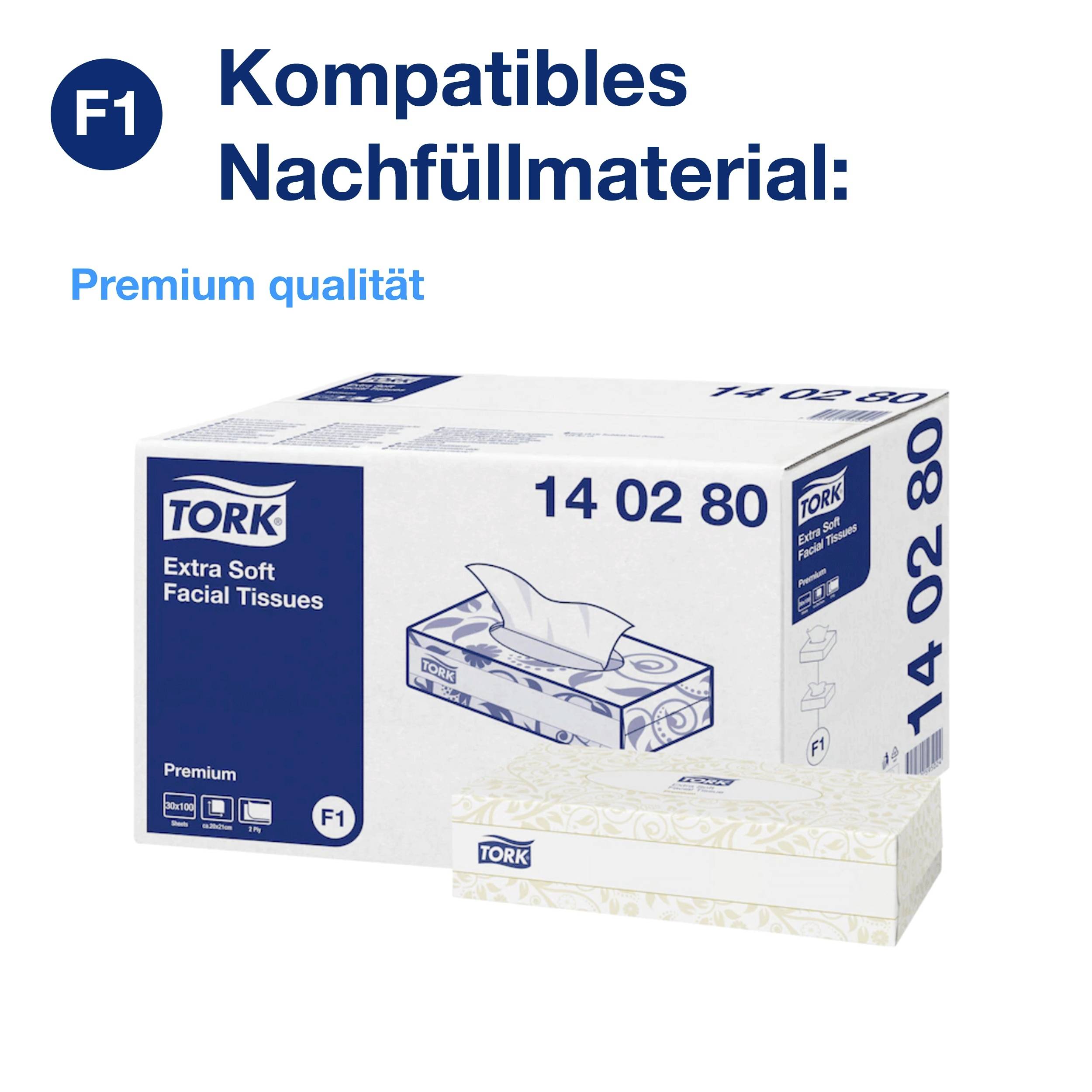 Packaging with Tork Extra Soft Facial Tissues. Text on the packaging: 'F1 Compatible Refill Material: Premium Quality'.