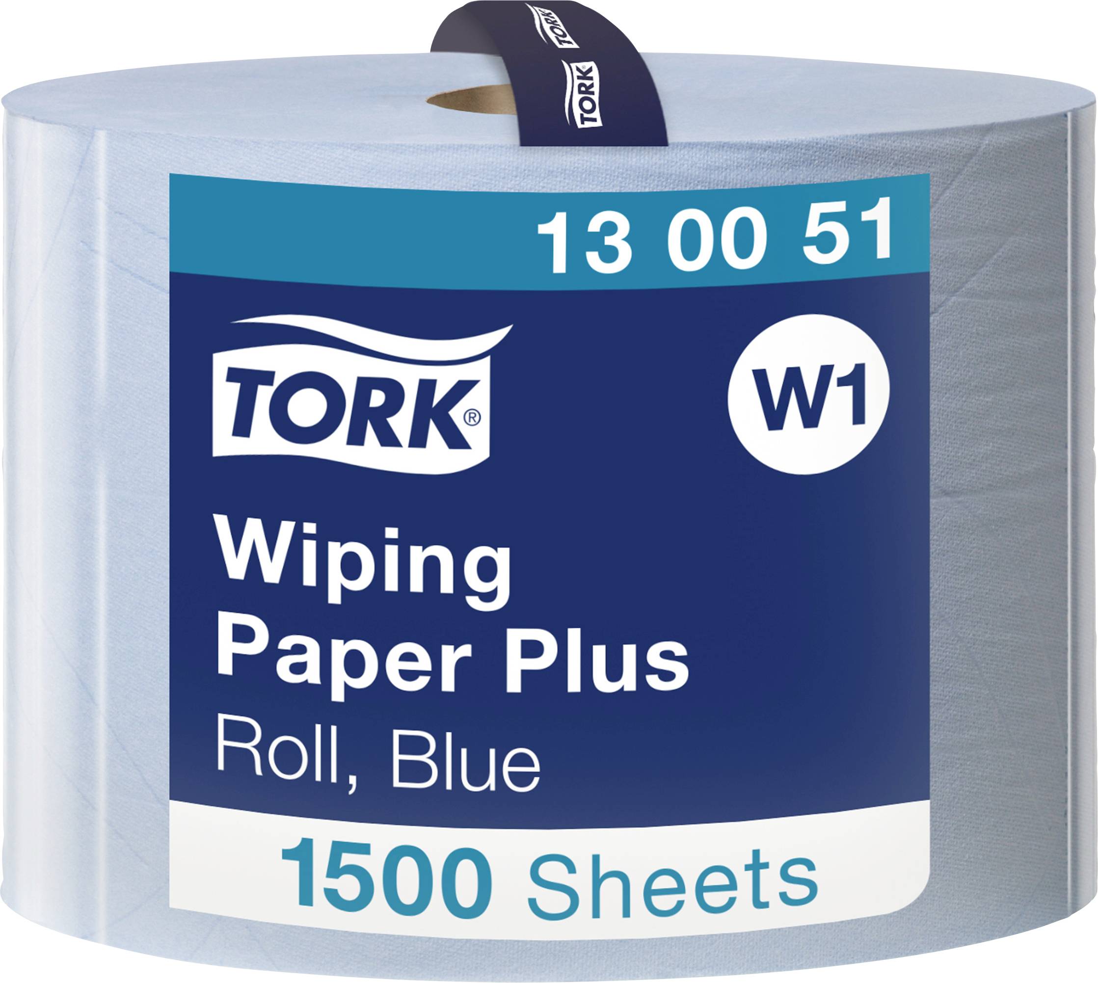 A blue Tork Wiping Paper Plus roll with the inscription 'W1, 130051, Roll, Blue, 1500 Sheets'.
