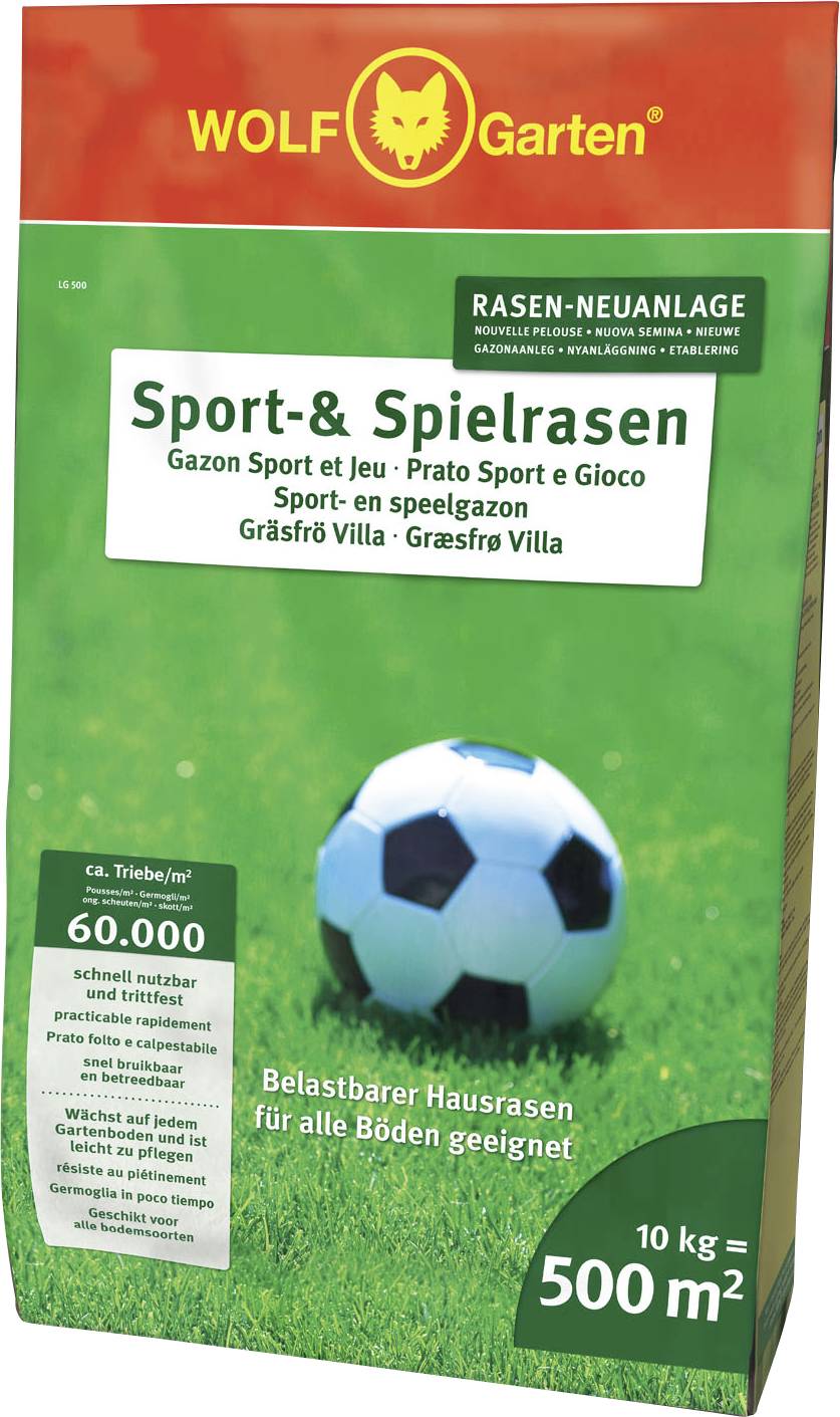 Grass seed for sports and play lawns, 10 kg, sufficient for 500 m². Hardwearing domestic lawn, suitable for all soil types.