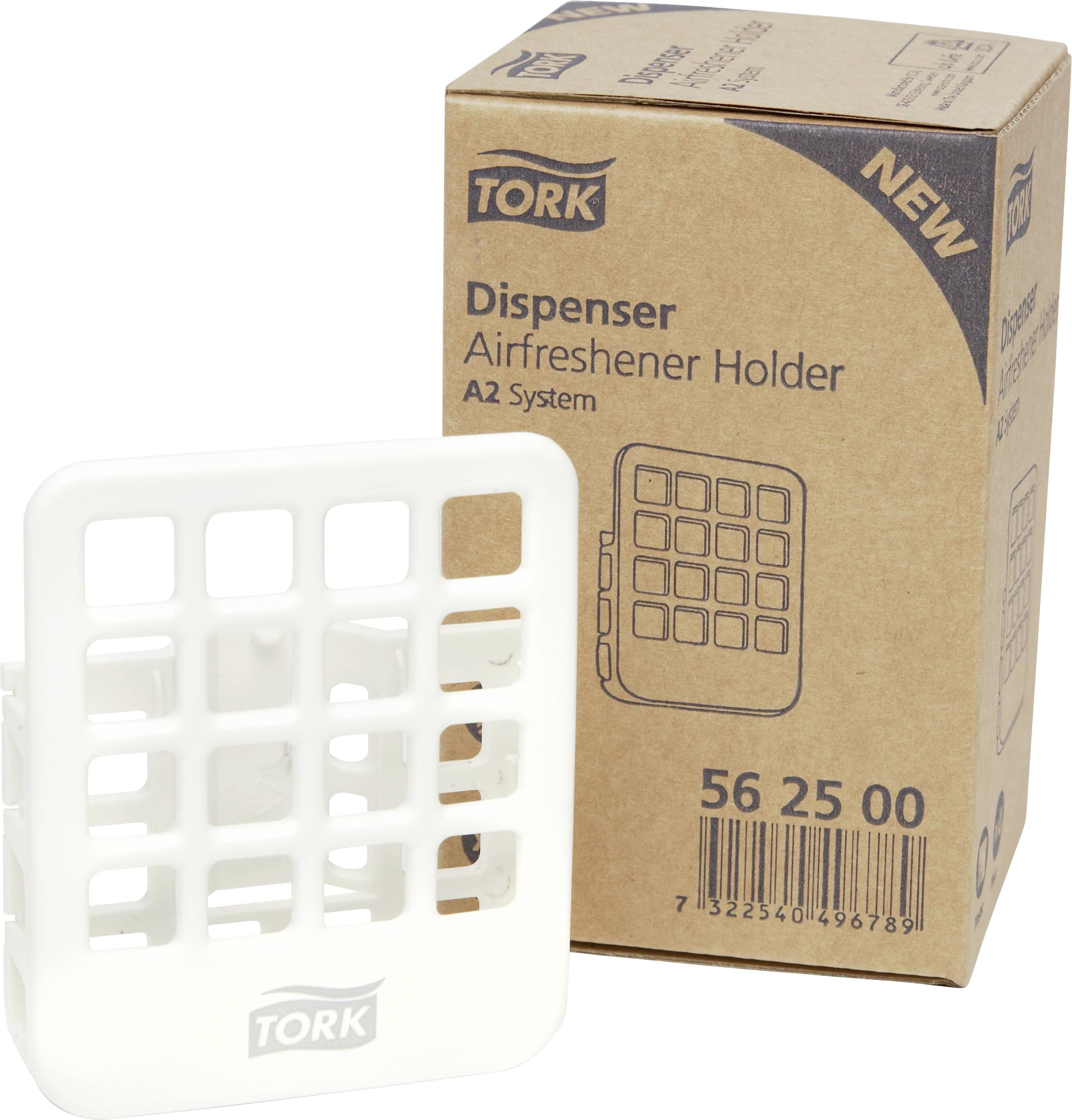 A white Tork air freshener holder and its packaging. The packaging displays the brand and product information.