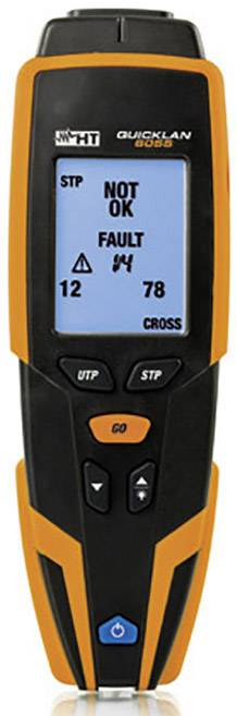A cable tester with a display is showing 'NOT OK' and 'FAULT'. Numbers 12 and 78, along with diagnostic fault symbols, are visible.
