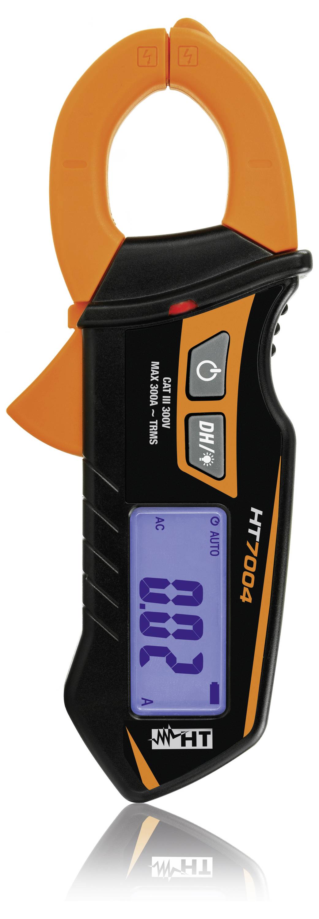 Orange and black handheld clamp meter with digital display showing '0.02' and a power button on the front.