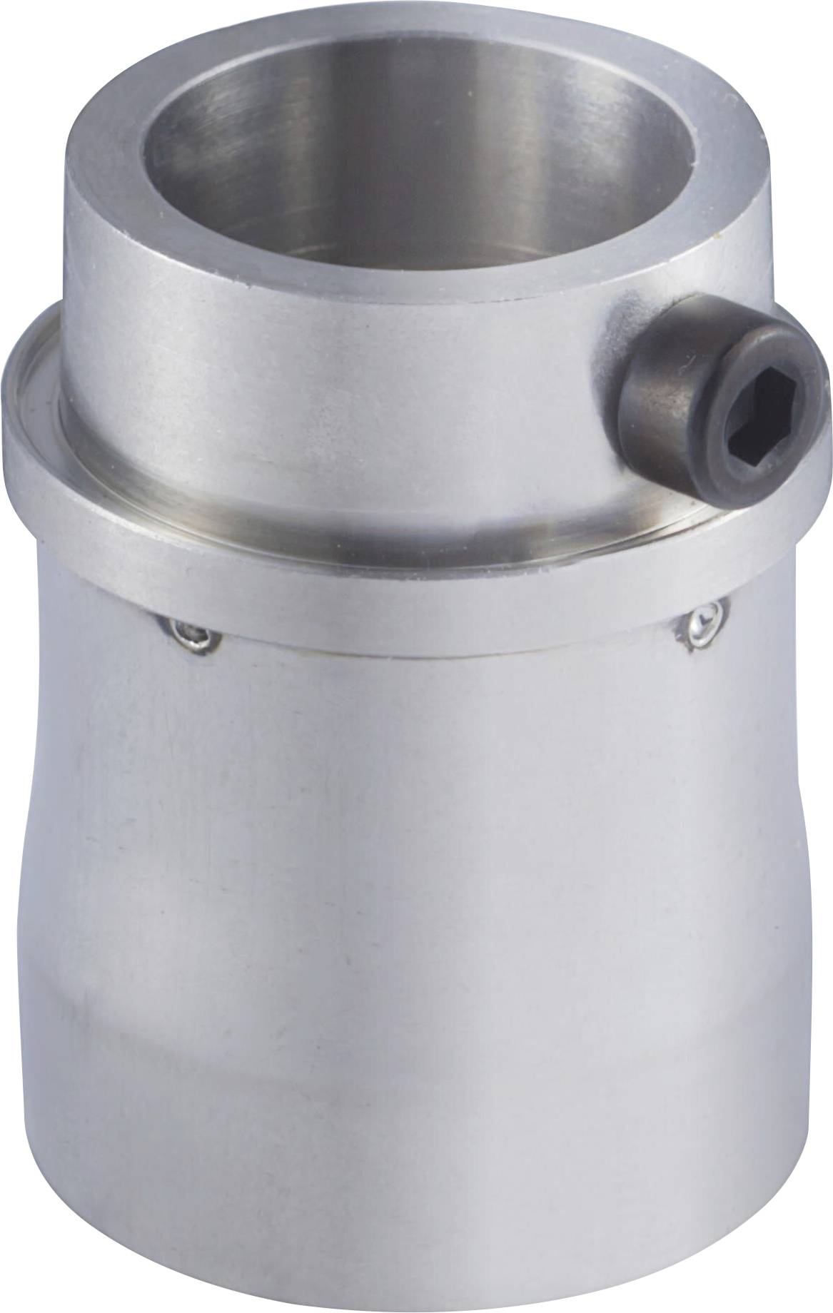 Metal cylindrical pipe fitting with a side hex socket set screw, shown on a white background.