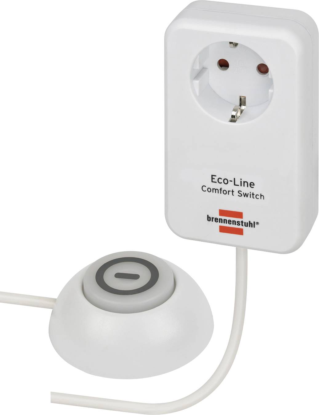 White Eco-Line Comfort Switch power outlet adapter with a round foot-operated control button attached by cord.