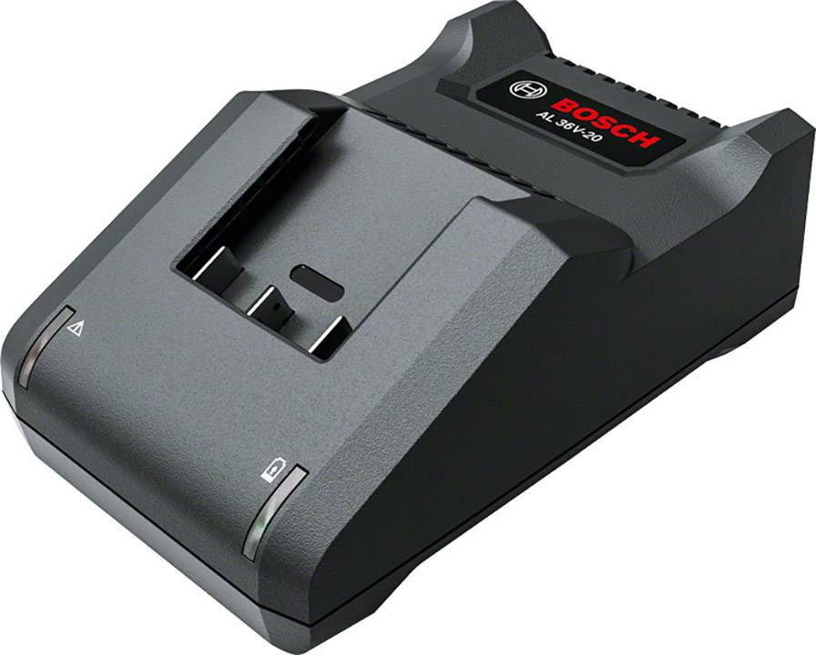 A Bosch battery charger in black, with the visible Bosch logo on top. Suitable for charging various Bosch batteries.