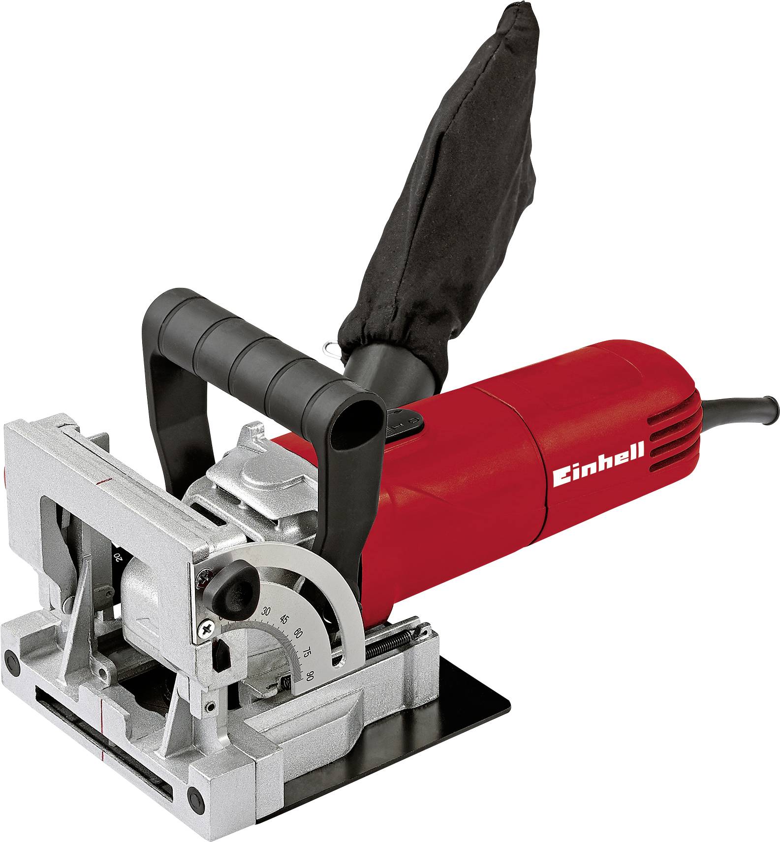 A red and silver wood router with handle and dust collection bag.