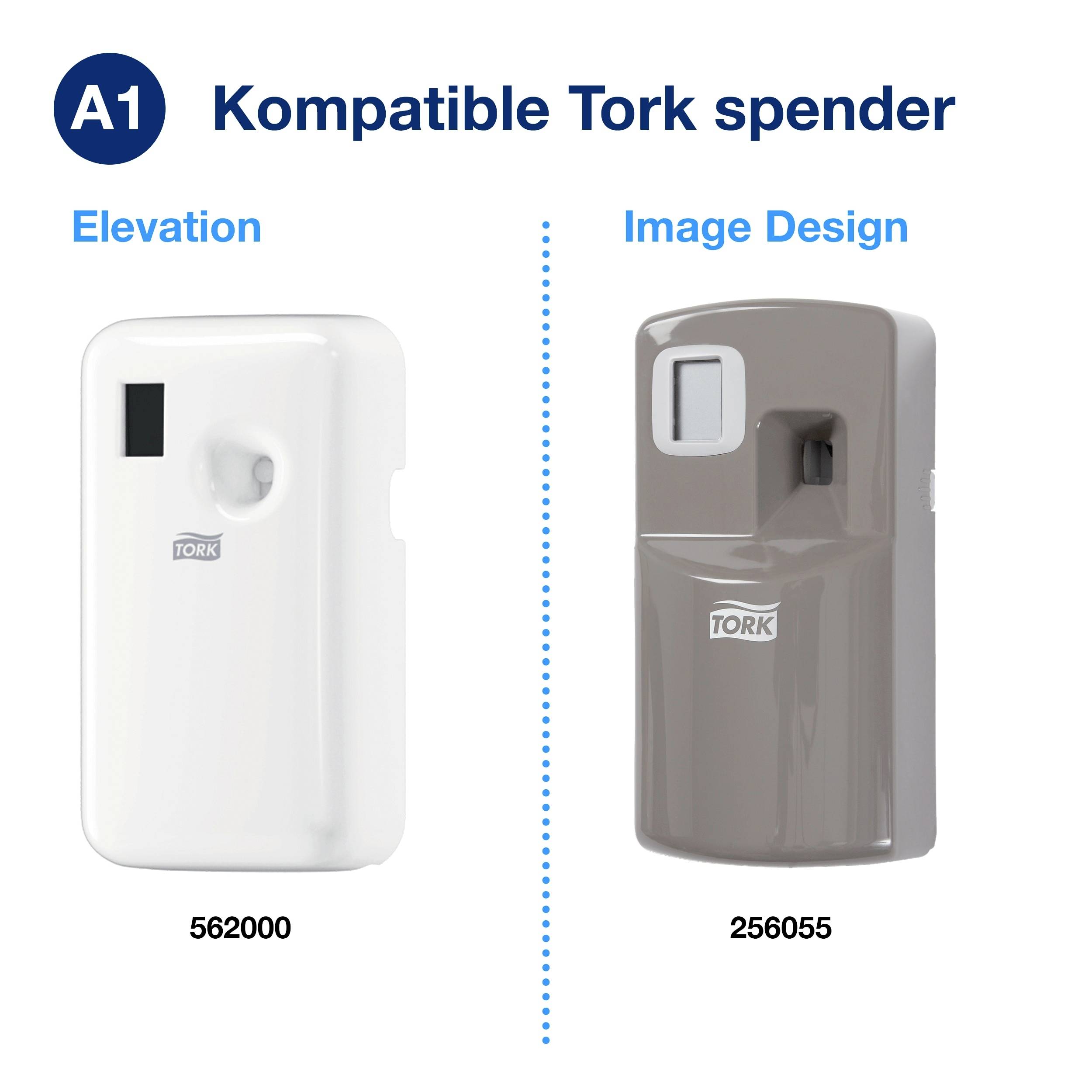 'Compatible Tork Dispensers'. Two dispensers, left white ('562000'), right grey ('256055'). Both with Tork logo.