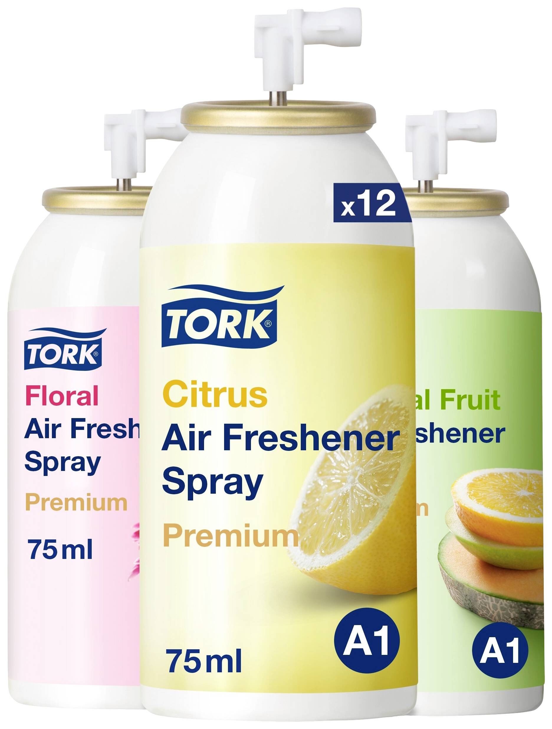 Three Tork Air Freshener Sprays: 'Floral', 'Citrus' with lemon illustration, 'Neutral Fruit' with melon illustration. Volume: 75 ml.