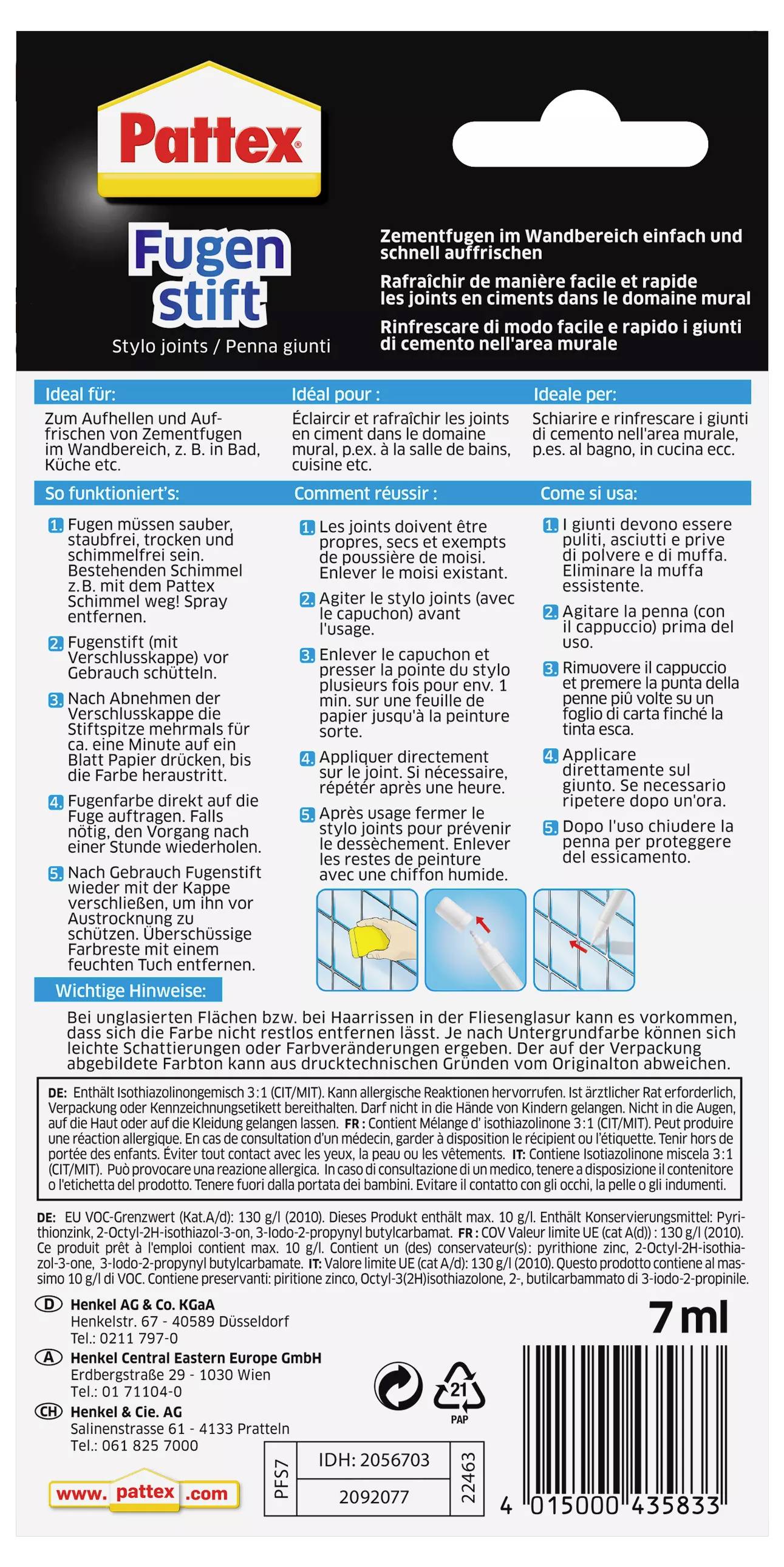 'Pattex Joint Pen' Packaging Reverse Side with Application Instructions, Areas of Use, and Safety Information in Multiple Languages.
