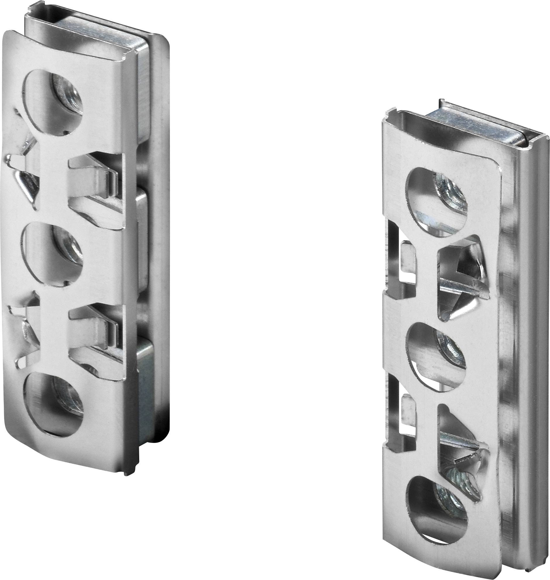 Two silver metal brackets with round cutouts that can be used for attaching or supporting objects.