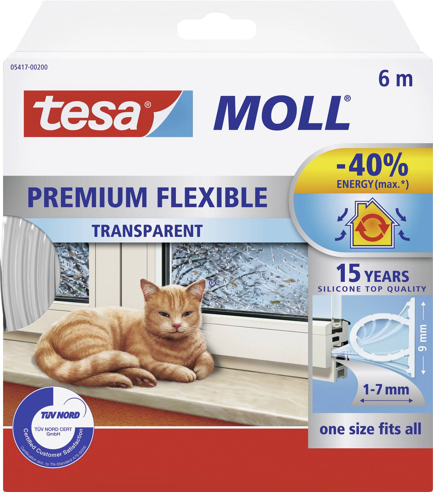 A product packaging for tesa MOLL premium flexible transparent sealant. Image shows a cat by the window. Energy savings up to 40%.