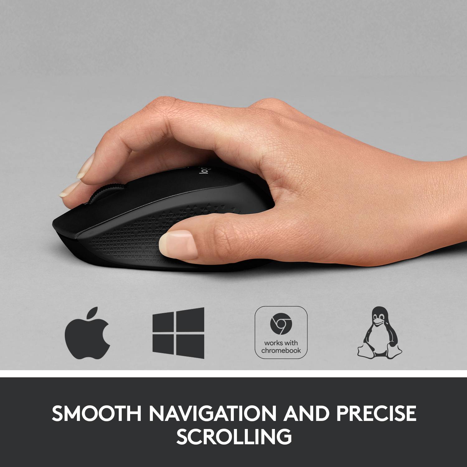 A right hand grasps an ergonomic computer mouse. Above it is the text 'Made for your right hand'.
