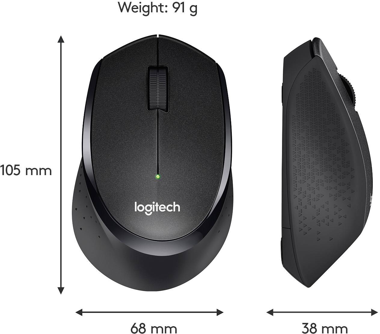 Image of two black Logitech computer mice, featuring characteristics such as silent clicking, rubber-coated scroll wheel, and ergonomic grips.
