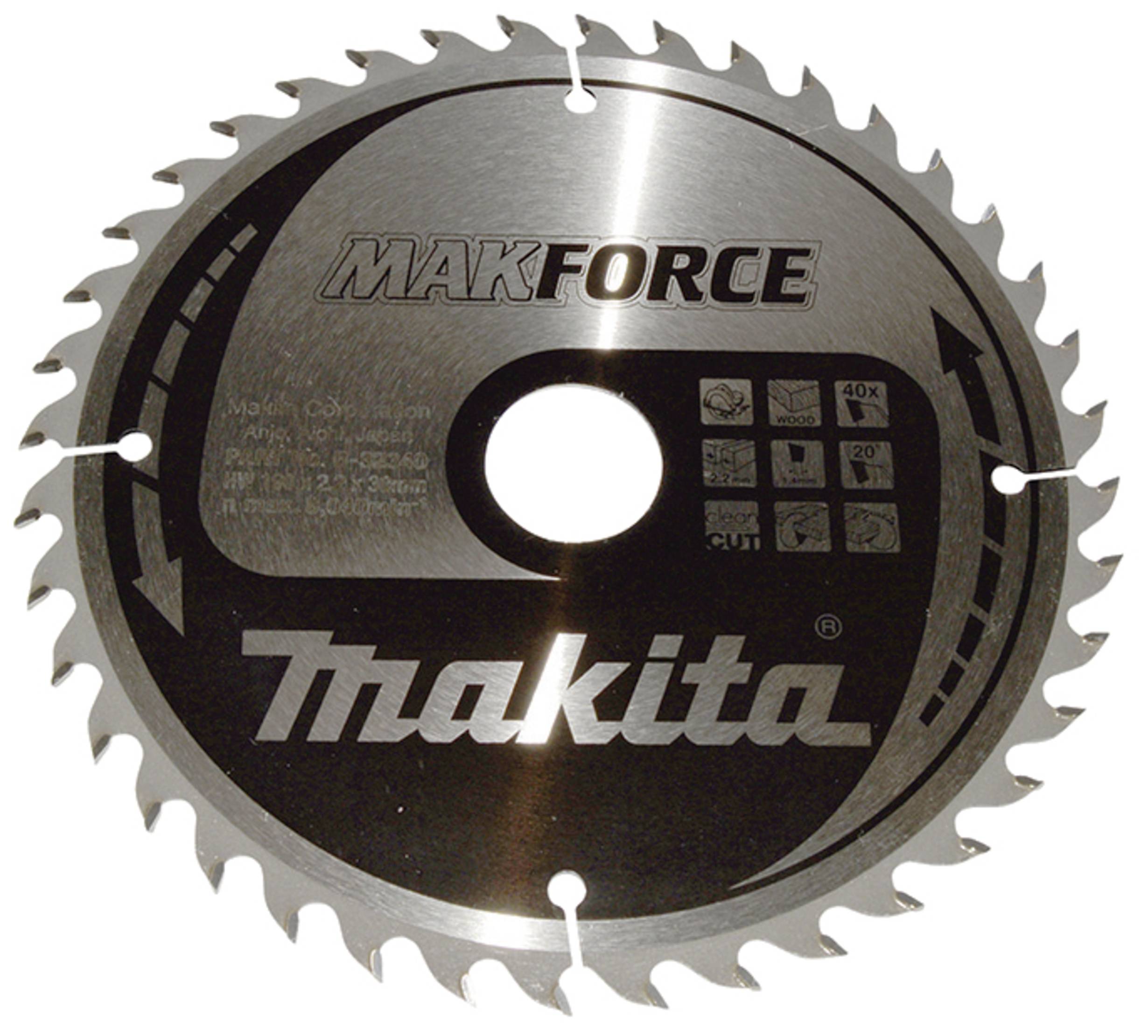 Makita 'Makforce' Circular Saw Blade with 40 teeth, suitable for wood cutting. Features arrows indicating rotation direction and symbols for material compatibility.
