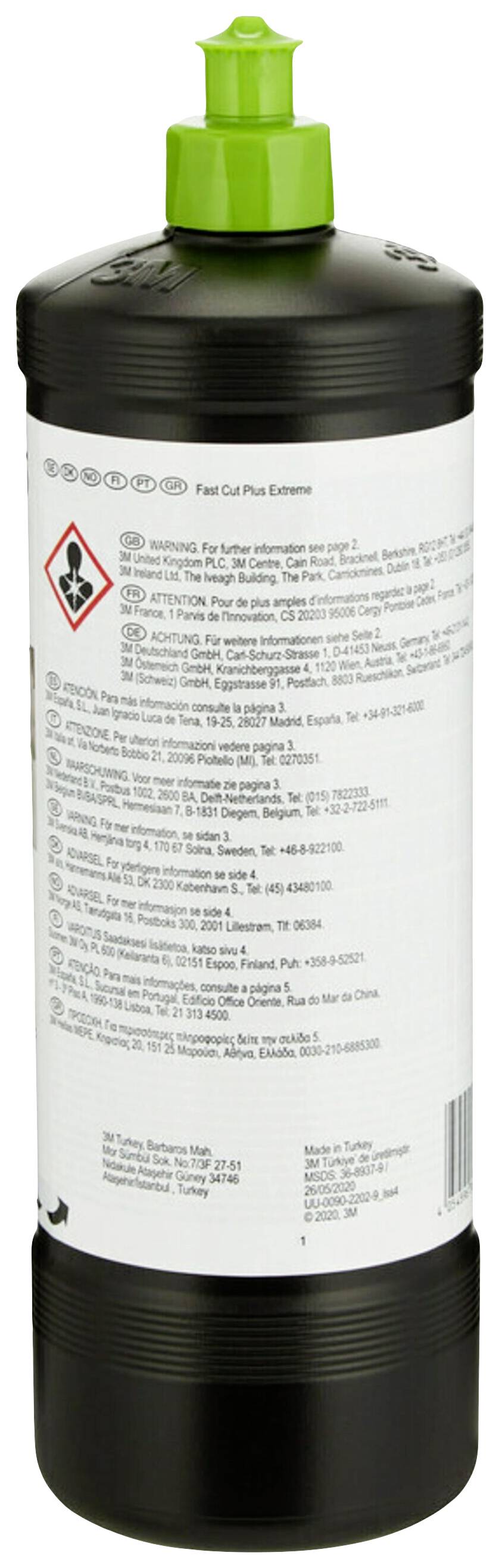 Black plastic bottle with a green lid, bearing a label with safety instructions and a hazardous substance symbol for corrosive chemicals.