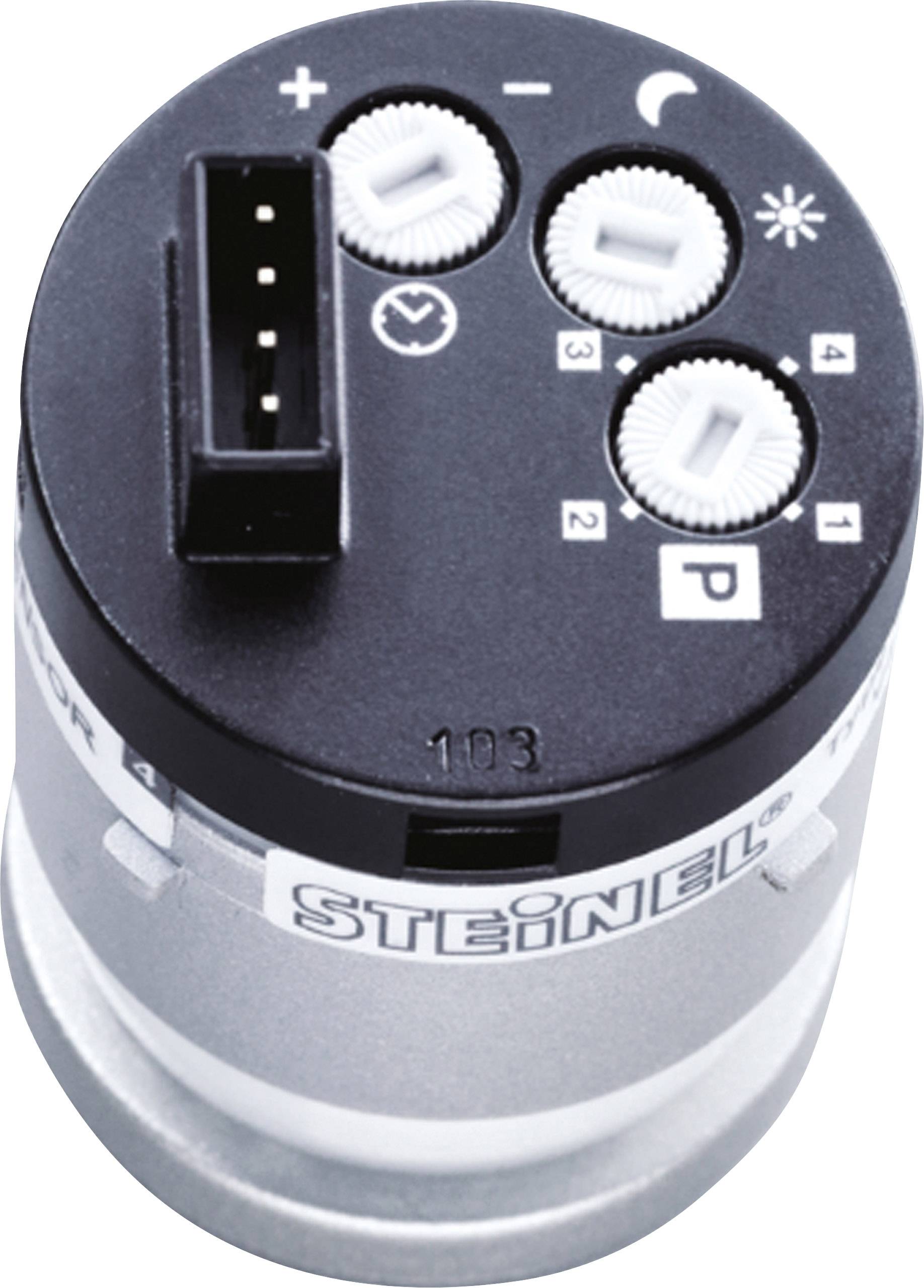 Sensor adjustment with four white rotary controls and a black connection plug, surrounded by symbols for light and movement