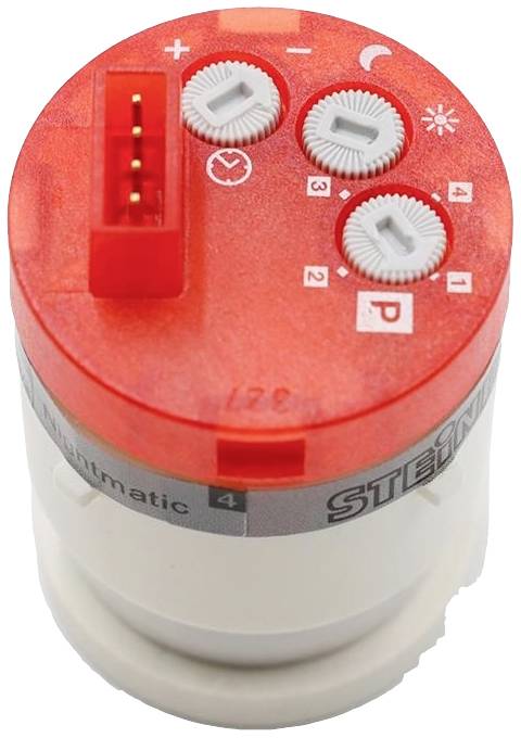 A red and white electrical component with digits and symbols for settings. A red terminal block in the top left.